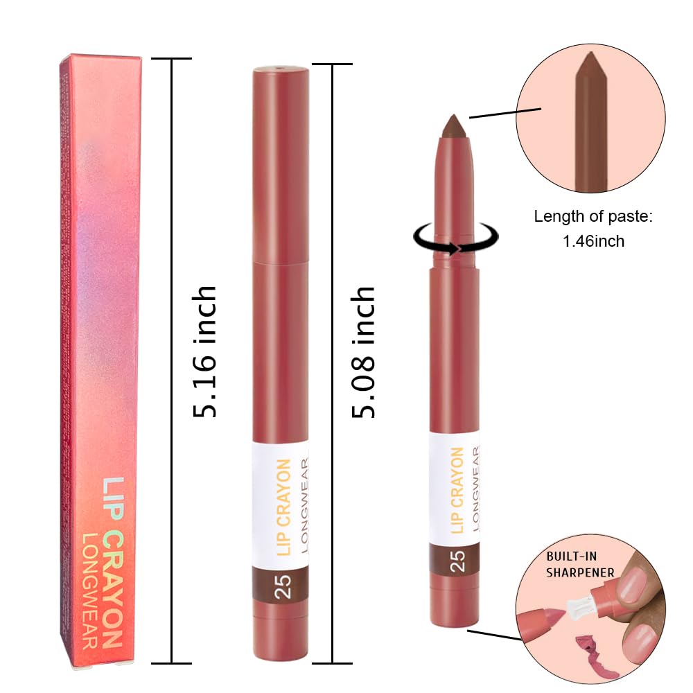 BINGBRUSH Lip Crayons Matte Longwear Lipstick Pack Set,Moisture Smooth Lipliner With Built-in Sharpener Ultimate Lip Crayon for Makeup- Waterproof Velvet Lipgloss Lip Stain(25#Saddle Brown)