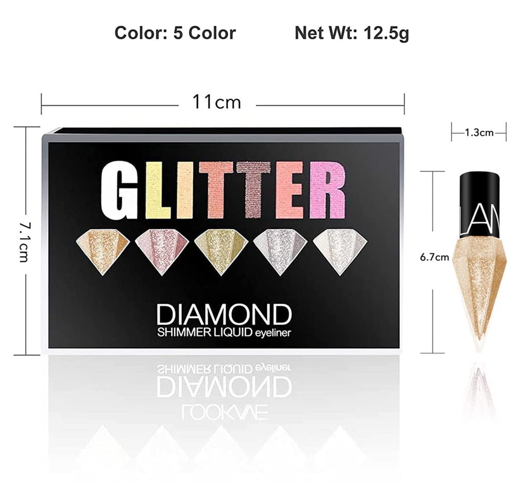 Go Ho Glitter Liquid Eyeliner Colorful Set,5 Colors Metallic Shimmer White Silver Gold Diamond Eye Liner,Glitter Eyeliner Eyeshadow Shine,Waterproof Long Lasting Glow Sparkle Eye Makeup