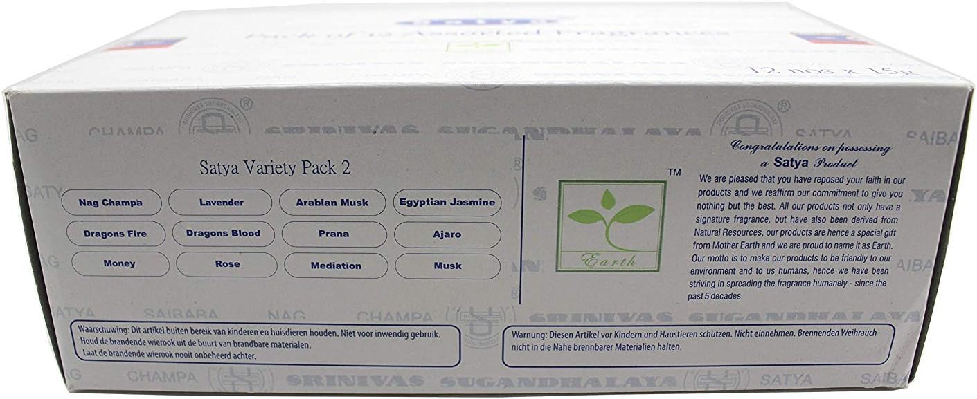 Set of 12 Nag Champa, Lavender, Arabian Musk, Egytian Jasmine, Musk, Dragon's Fire, Dragon's Blood, Prana, Ajaro, Money, Rose, Meditation by Satya Incense Bangalore (BNG)
