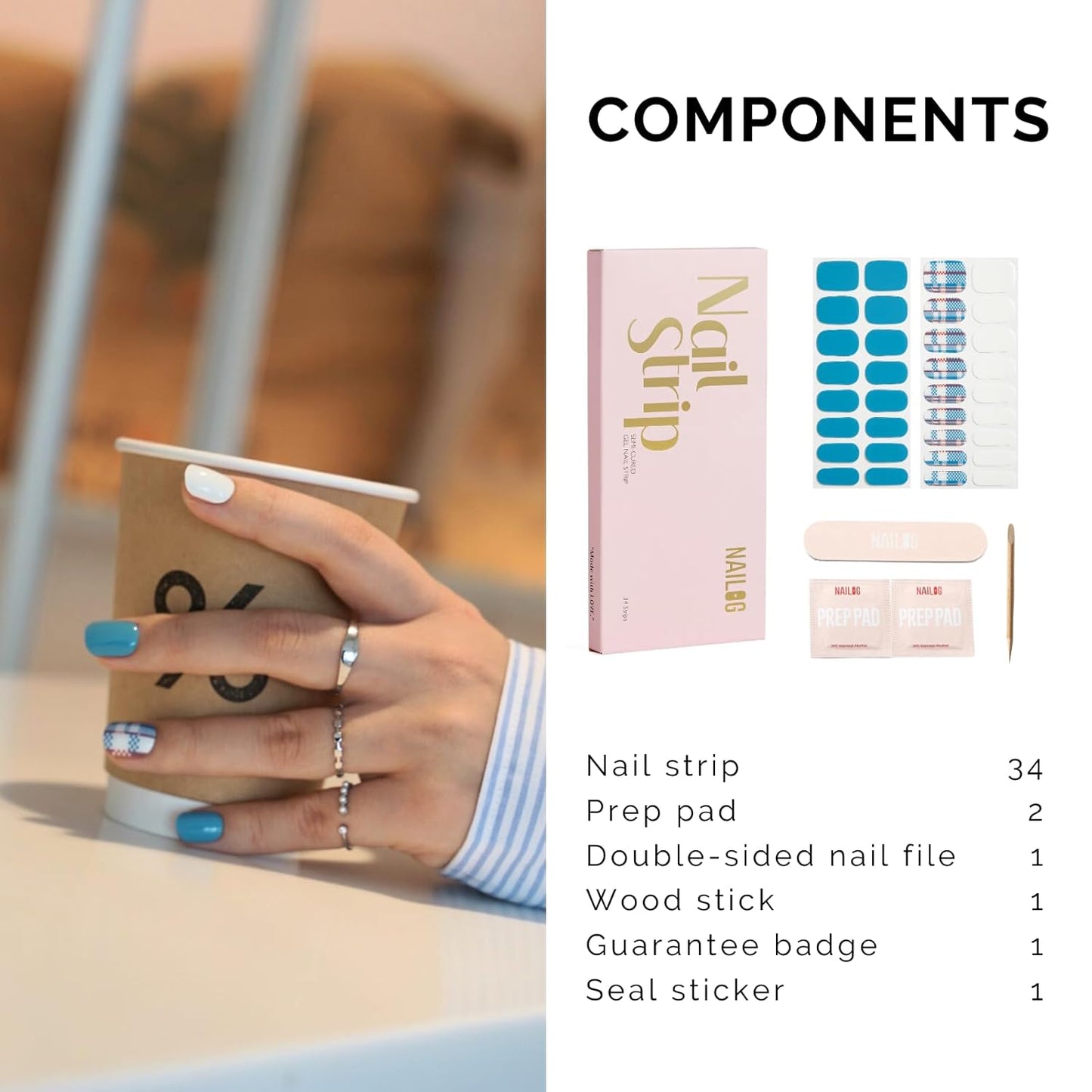 Semi Cured Gel Nail Strips - NAILOG 34 Pcs Gel Nail Stickers Buy 2 Get 1 UV Light | Long Lasting Nail Wraps with Glossy Gel Finish Blue, Azure Mosaic