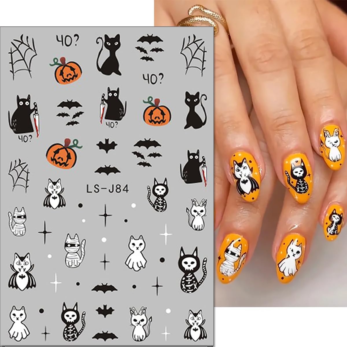 6Sheets Halloween Nail Art Stickers - 3D Self-Adhesive Cute Ghost, Bat, Skull, Cat, Pumpkin, Spider Web, Skeleton Designs for Women's DIY Nail Decor