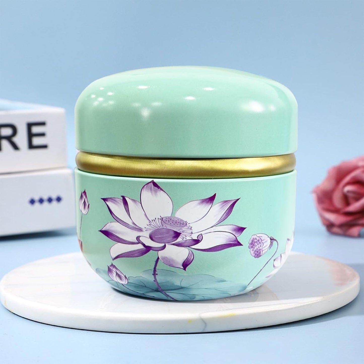 Body Powder Puff and Container for Dusting Powder, Women Powder Puff and Powder Case for Bath and Travel (Lotus Green)