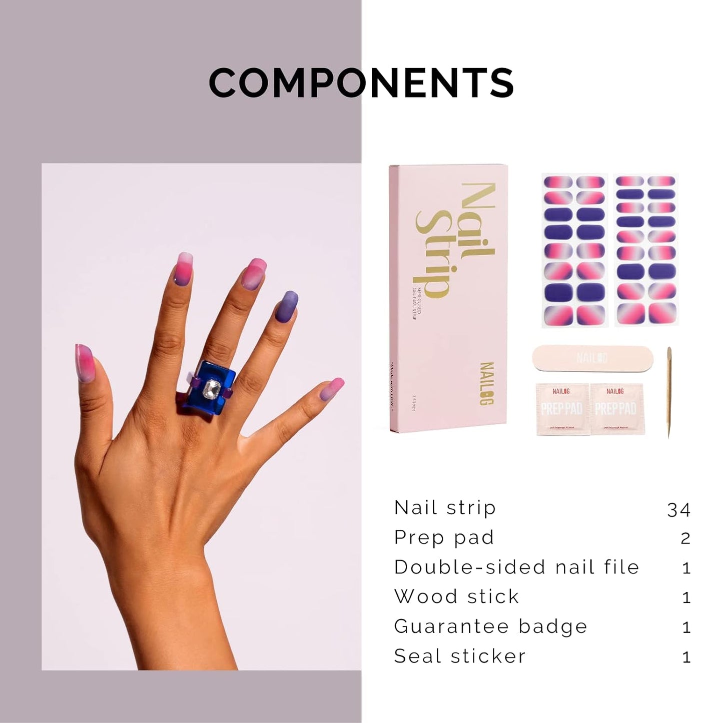 Nailog Semi Cured Gel Nail Strips 34 pcs | Long Lasting Nail Polish Sticker Wraps with Glossy Gel Finish | at Dust