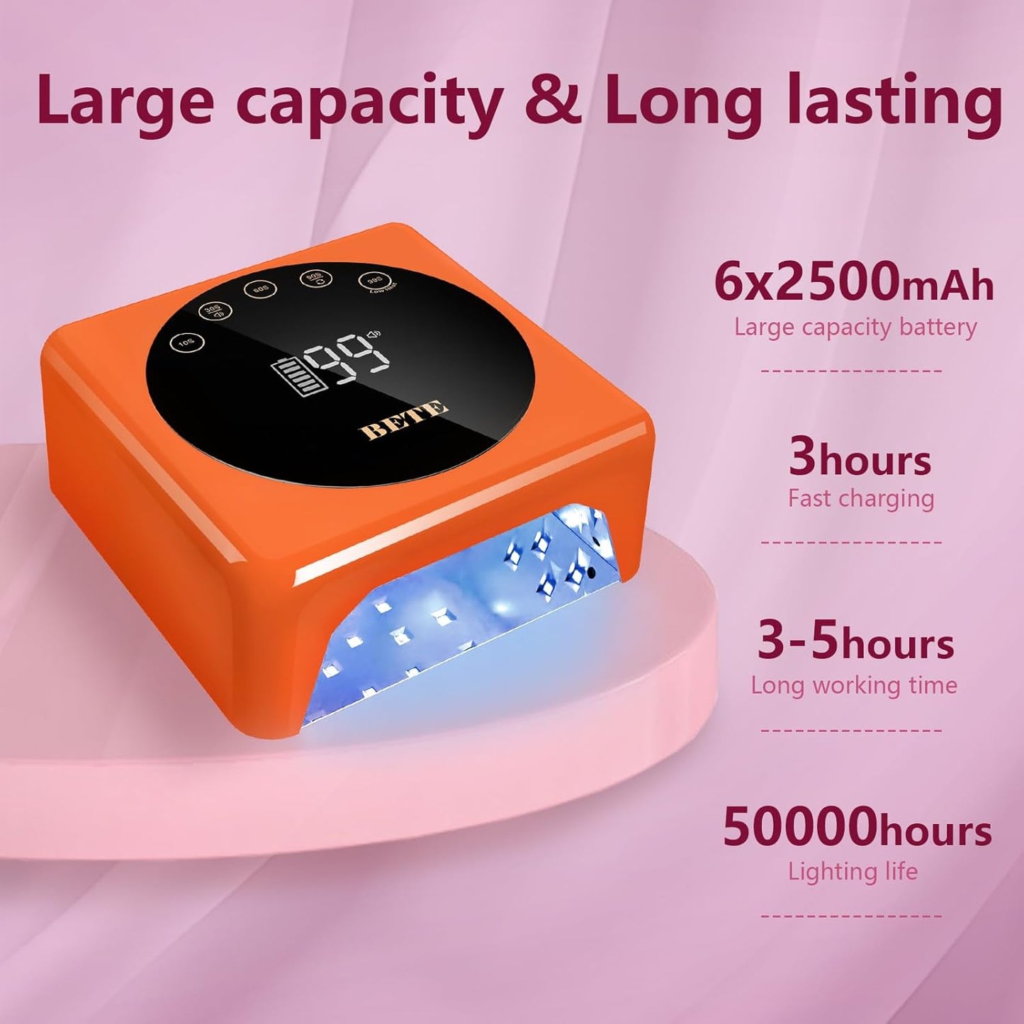 BETE Cordless LED Nail Lamp, 78W Rechargeable UV Nail Light, Intelligent Infrared Sensor and LCD Display Curing Nail Lamp, Portable Nail Dryer Gel Polish Light with 5 Timer Setting Orange