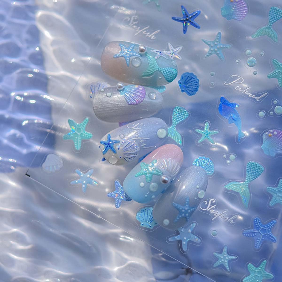 1 Sheets 5D Embossed Summer Nail Stickers Cute Nail Art Decals Shell Starfish Designs Summer Sea Theme Nail Art Sticker Self Adhesive Nails Supplies for Women Manicure Decoration