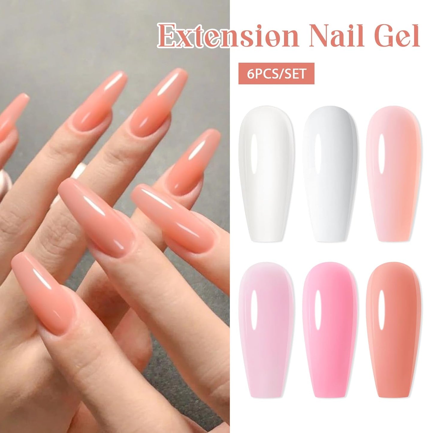MEET ACROSS Poly Nail Gel Set - 6 Neutral Colors for Extension Nails, Long Lasting, Natural-looking, Strong Builder Enhancement for Salon Manicure DIY at Home 20ML Clear White Nude Pink