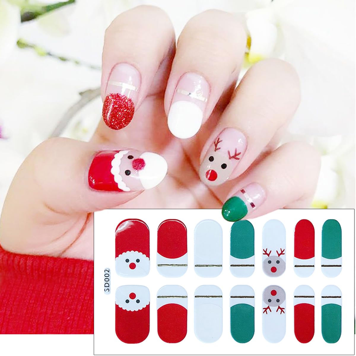 Christmas Nail Polish Strips Cute Snowman Gel Nail Stickers Xmas Trees Santa Claus Elk Glitter French Nail Design Decals Snowflakes Gel Nail Strips Full Wrap Christmas Stickers for Winter Nail Decor