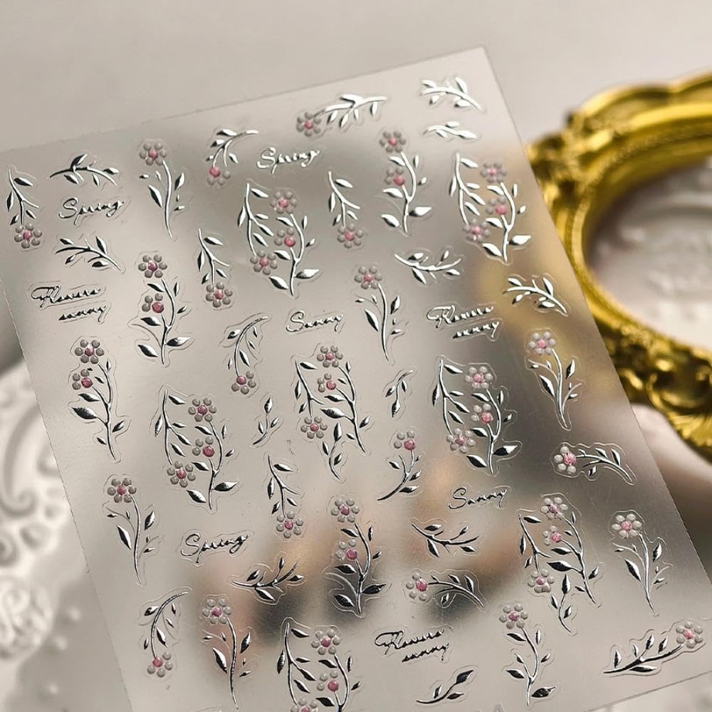 Leaf Flower Nail Stickers Gold Branch Nail Designs 3D Self-Adhesive Silver Leaf Nails Supplies 5D Embossed White Pink Fall Nail Decals Summer Nail Art Decoration for Women DIY Manicure 2 Sheets