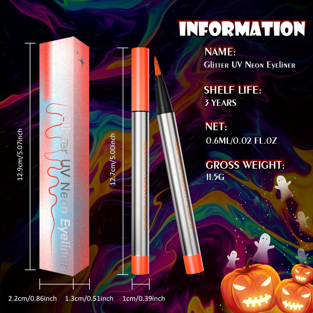 evpct Orange Shimmer Eyeliner UV Neon Gel Eyeliner Pencil Makeup, Rainbow Halloween Colored Colorful Gel Eye Liner Pen Glow in Dark Makeup, Long Lasting Waterproof Eyeliners for Face Body Painting
