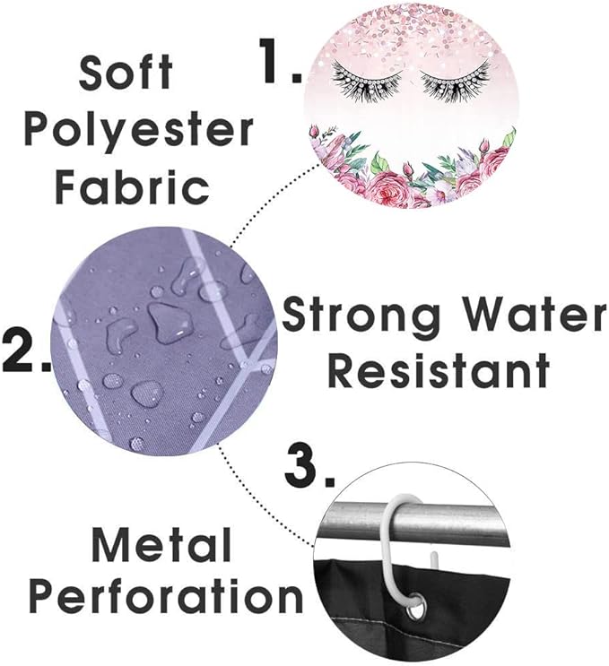 4PCS Diamond Eyelash Shower Curtain Set, Rustic Flower Botanical Bouquet Confetti Girly Makeup Fashion Bathroom Decor Waterproof Fabric Shower Curtain Non-Slip Bath Mat Toilet Rug, Pink Floral