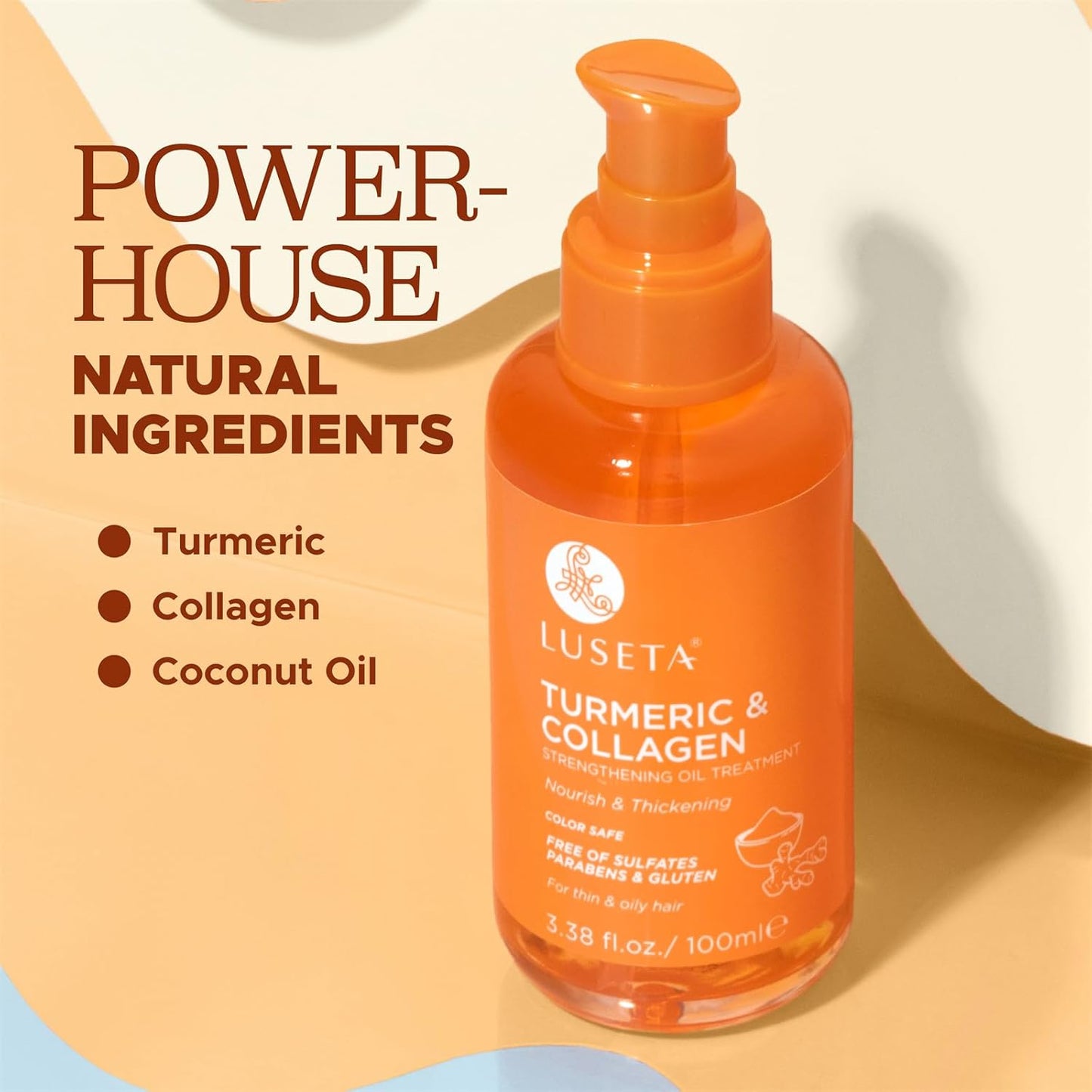 Luseta Turmeric & Collagen Hair Serum for Damaged and Thining Hair, Strengthening Oil Treatment Preventing breakage for Women and Men Adding Shine 3.38oz