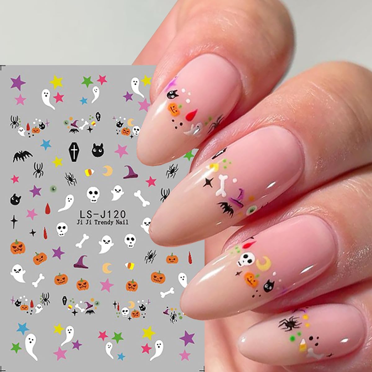 Halloween Nail Stickers for Nail Art, 8Pcs 3D Halloween Nail Art Stickers Cute Cat Ghost Pumpkin Nails Decals Skull Spider Web Bat Design Self-Adhesive Nails Art Supplies for Women DIY Manicure Decor