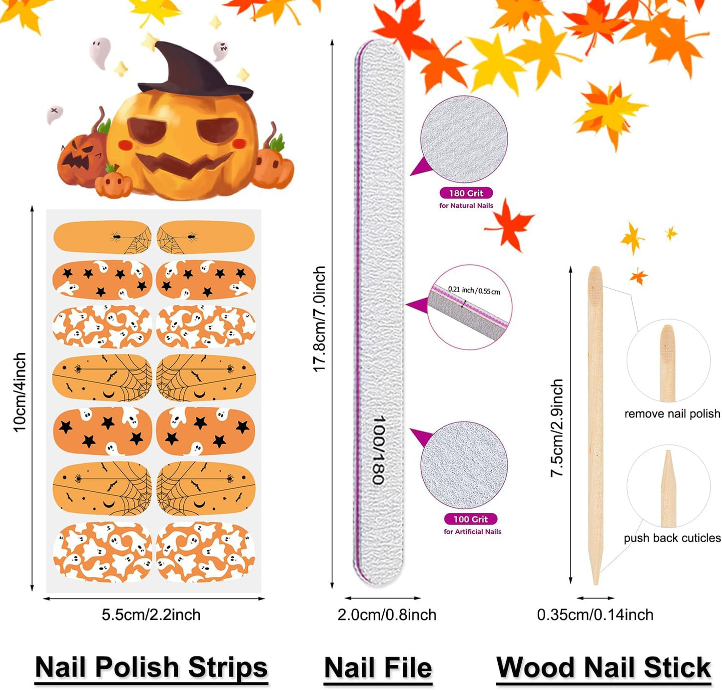 DANNEASY 16 Sheets Fall and Halloween Nail Wraps Holiday Nail Polish Stickers for Women Self Adhesive Nail Polish Strips Gel Nail Strips Fingernail Stickers with Nail File, Cuticle Stick