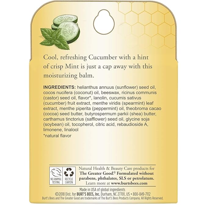 Burt's Bees 100% Natural Origin Moisturizing Lip Balm, Cucumber Mint with Beeswax, 4 Tubes