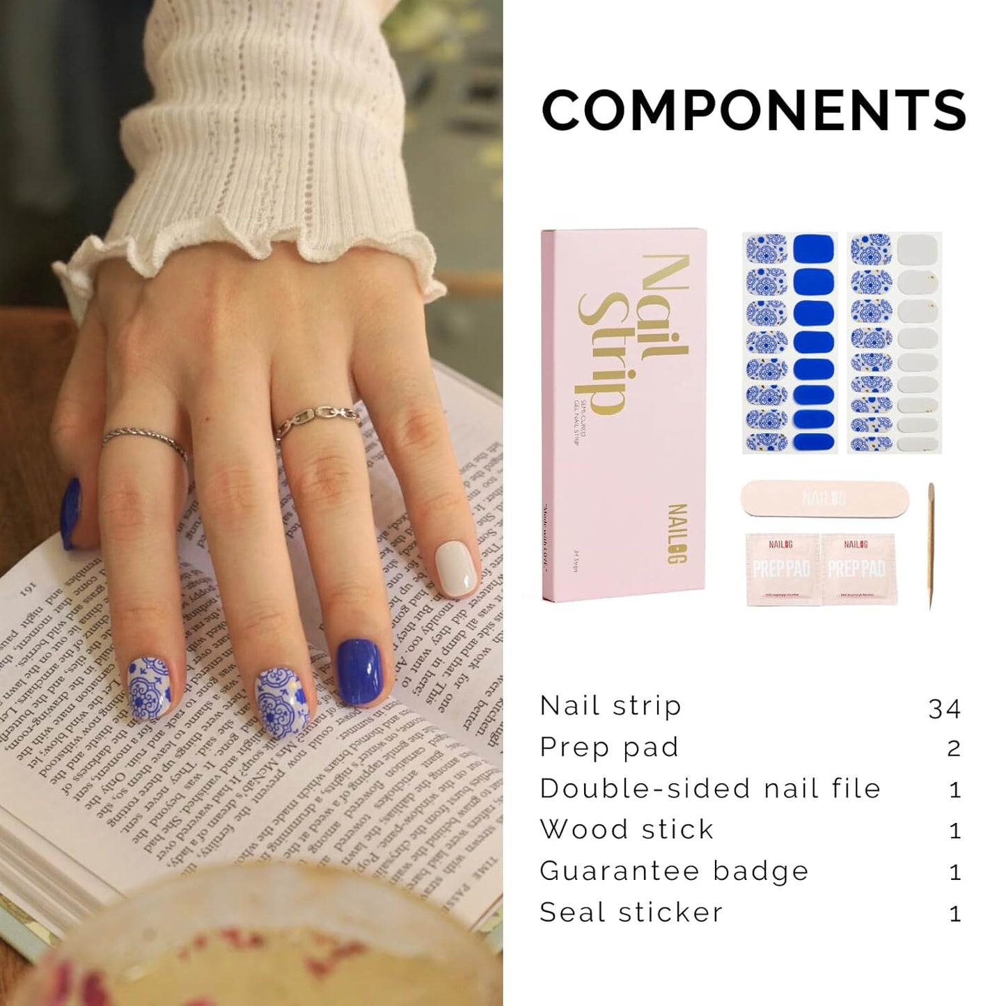 NAILOG Semi Cured Gel Strips - 34 Pcs Nail Stickers Buy 2 Get 1 UV Light | Long Lasting Wraps With Glossy Gel Finish Blue, Cerulean Porcelain