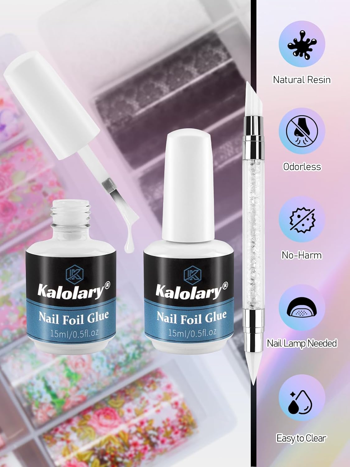 Kalolary 30ML Nail Foil Glue Gel with 20Pcs Foil Transfer Stickers Set, Starry Sky Lace Flower Transfer Stickers DIY Decoration for Salon or Home Use