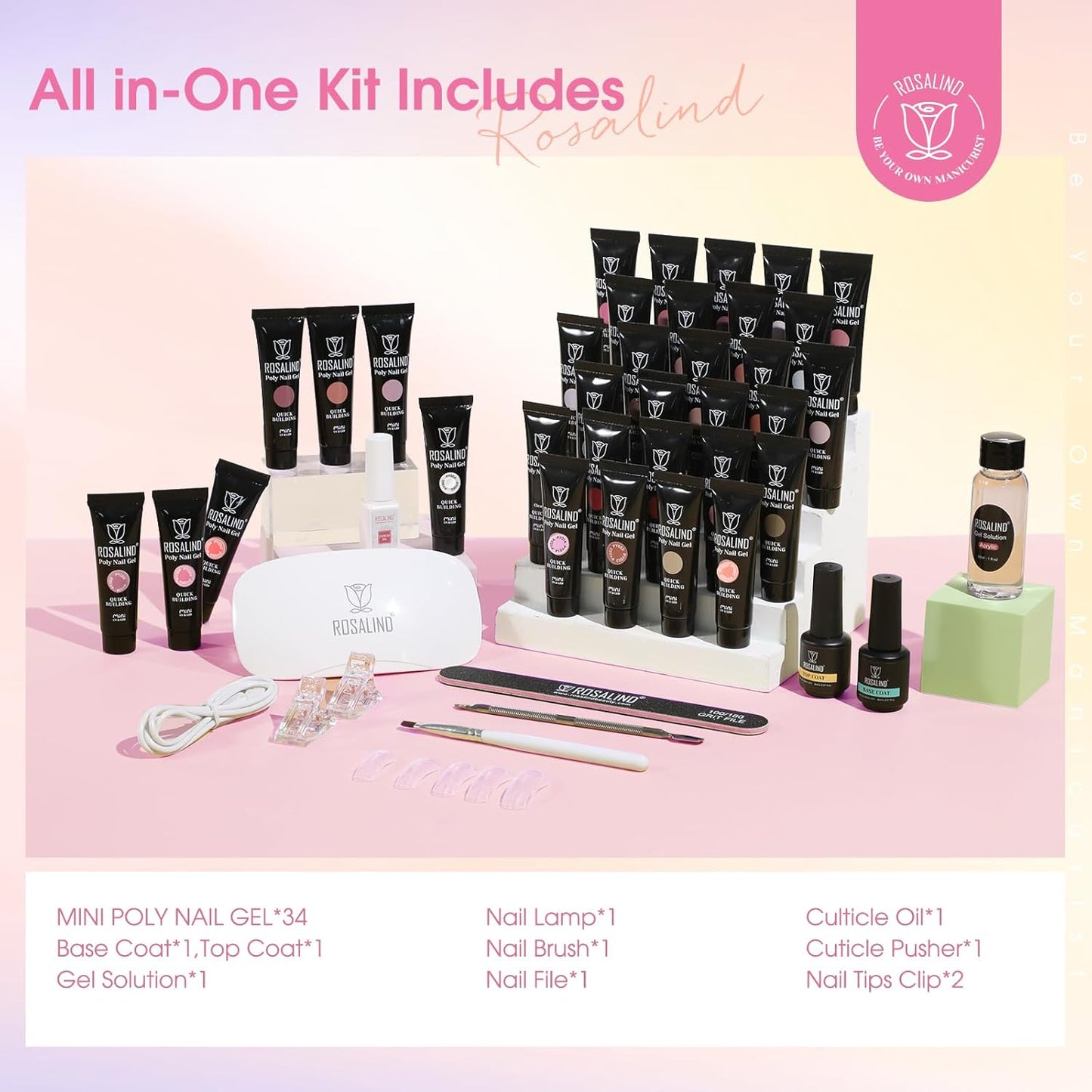 ROSALIND Coloful Poly Nail Gel Kit -34 Colors + Neon Accessories Clear Nude Poly Nails Gel Starter Kit with Mini UV Lamp Slip Solution Summer Halloween Extensions Kit