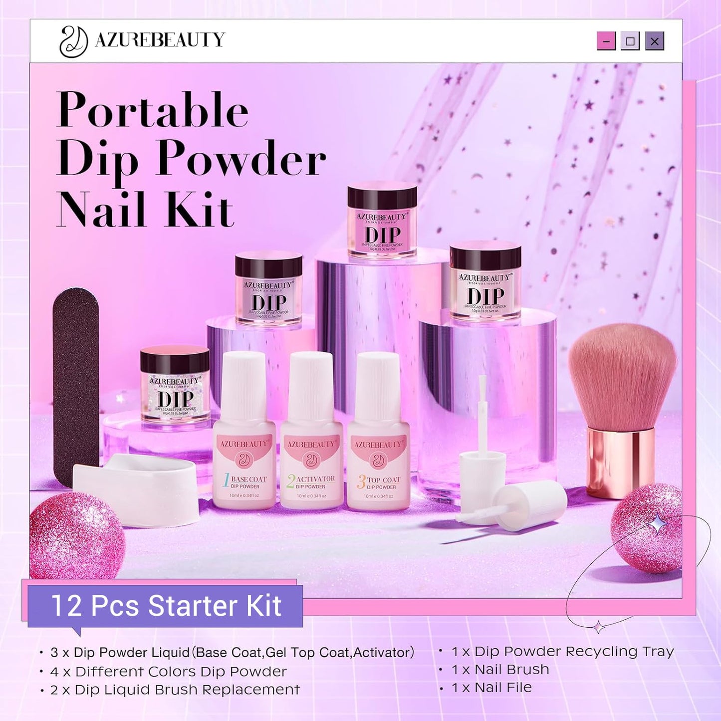 AZUREBEAUTY Dip Powder Nail Kit Starter, Pastel Lavender Pink Glitter, 4 Colors Spring Summer Dipping Powder Set, French Nail Art Base Top Activator Liquid Manicure DIY Salon 12 PCS