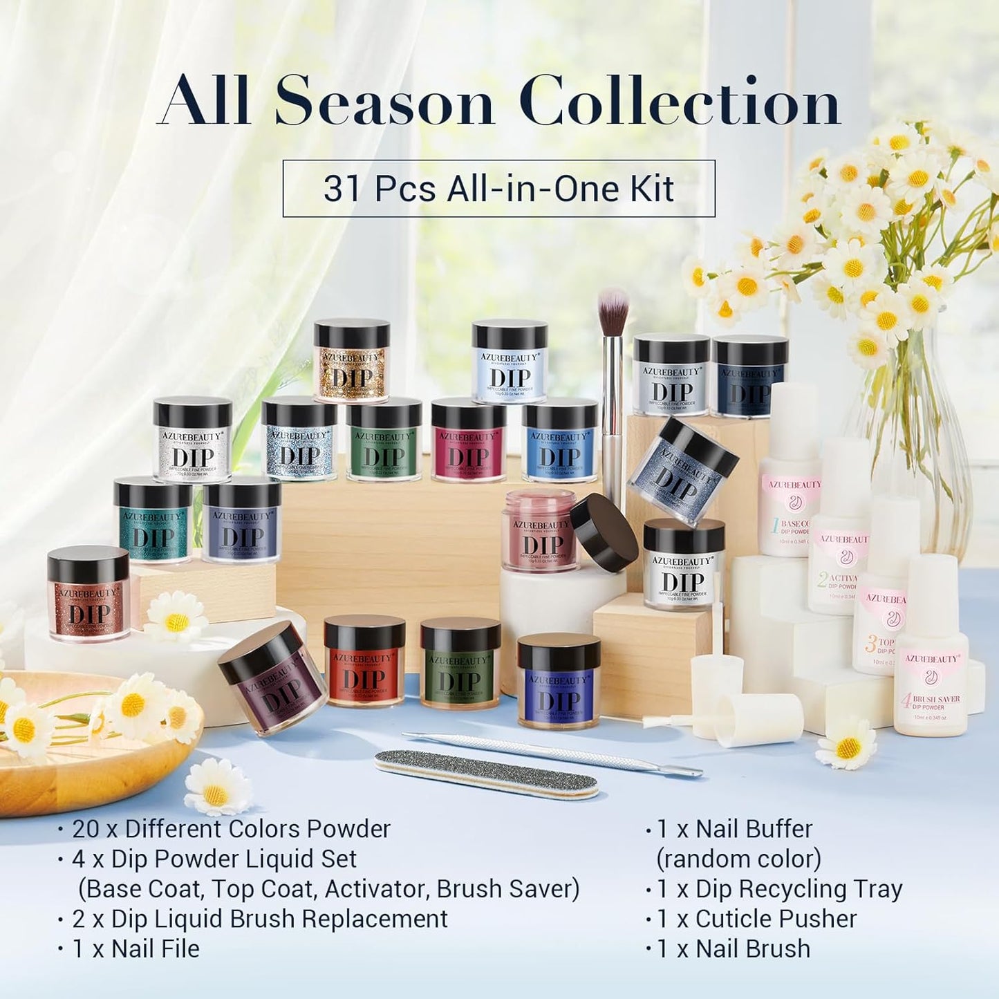 AZUREBEAUTY Dip Powder Nail Kit Starter Spring Summer Blue Red Green Glitter 31 Pcs 20 Colors Dipping Powder Liquid Set with Top/Base Coat Activator for French Nails Art DIY Salon Gift