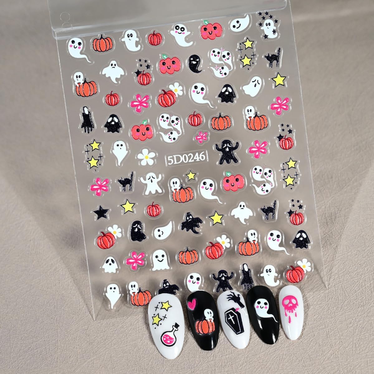 6 Sheets Halloween Nail Art Stickers Pumpkin 5D Embossed Nail Decals Ghost Nail Stickers Self Adhesive Bat Skull Nail Art Supplies for Women Girls DIY Manicure Nail Art Decorations