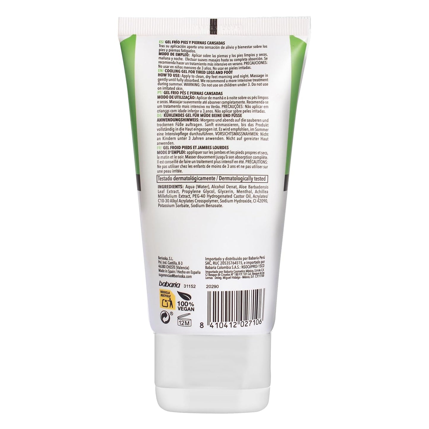 Babaria Cooling Gel for Legs and Feet - Calming and Softening Effect - Provides Regenerating and Soothing Properties - Infused with Castor Oil and Aloe Vera - Suitable for All Skin Types - 5.1 oz