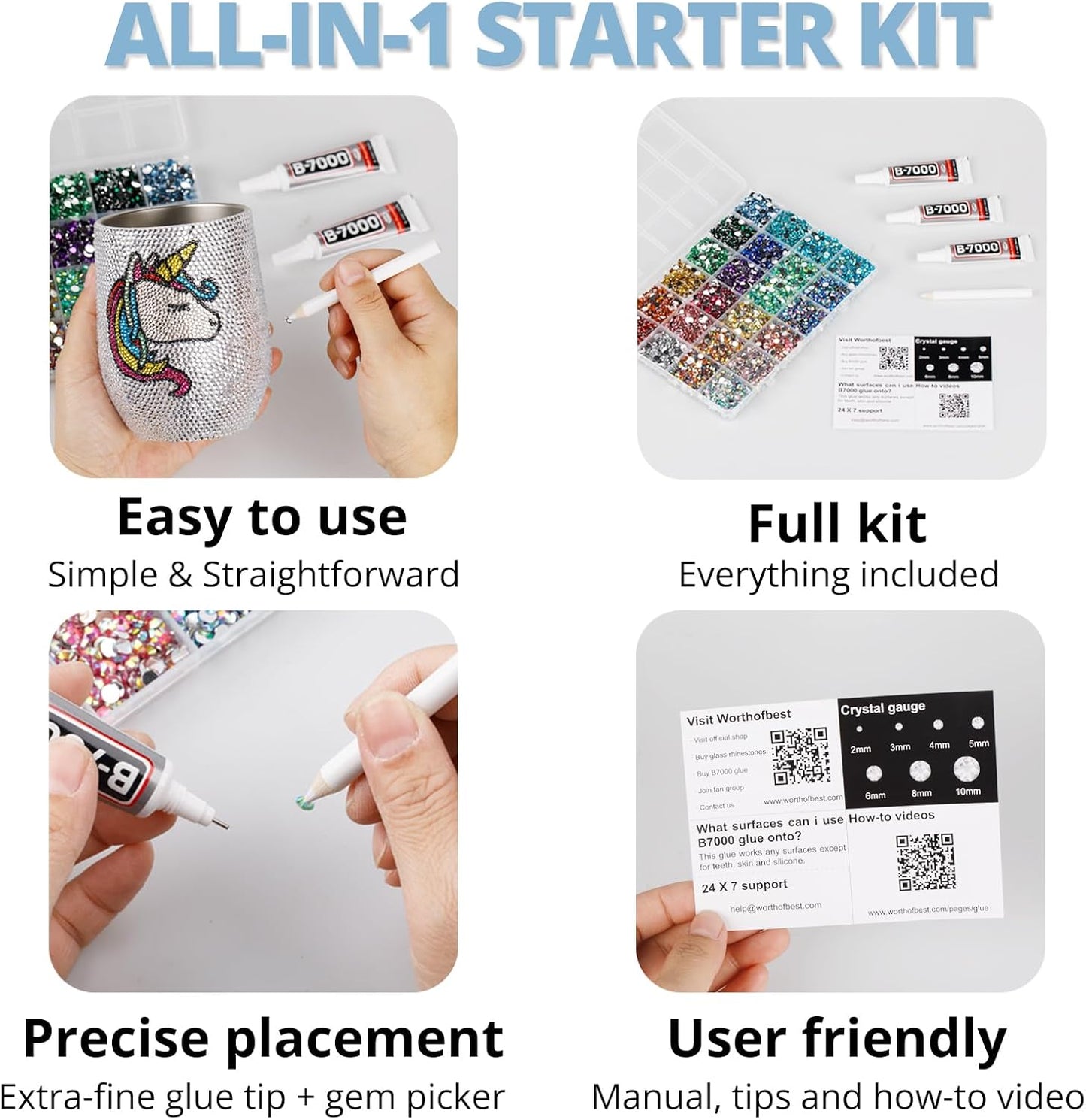 30000Pcs Resin Rhinestones Set for Crafting Bedazzling, Light Blue Flatback Gems Jewels for Crafts Clothes Shoes Fabric Outfit Nails Makeup, Flat Back Crystal 2-6mm with b 7000 Glue