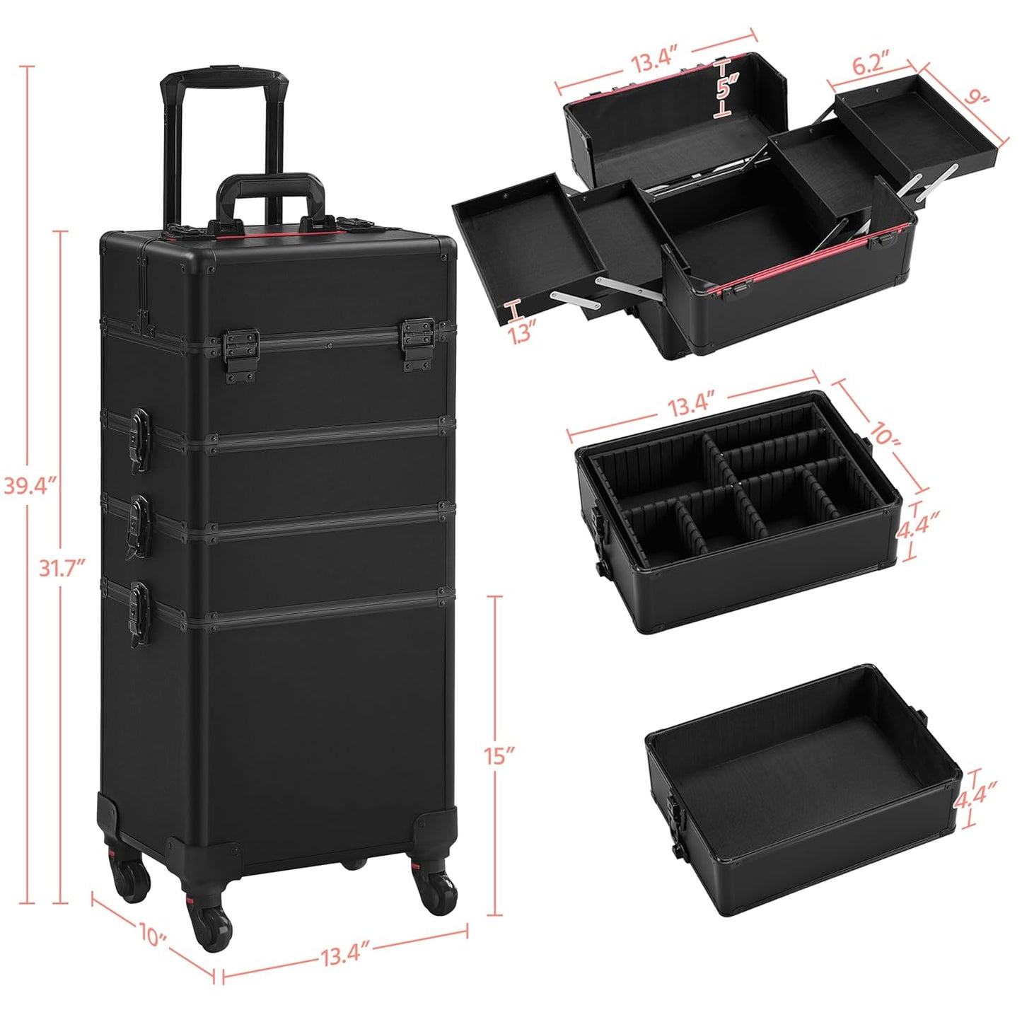 Yaheetech 4 in 1 Professional Makeup Train Case Aluminum Cosmetic Case Rolling Makeup Case Extra Large Trolley Makeup Travel Organizer, with 360° Swivel Wheels, Black