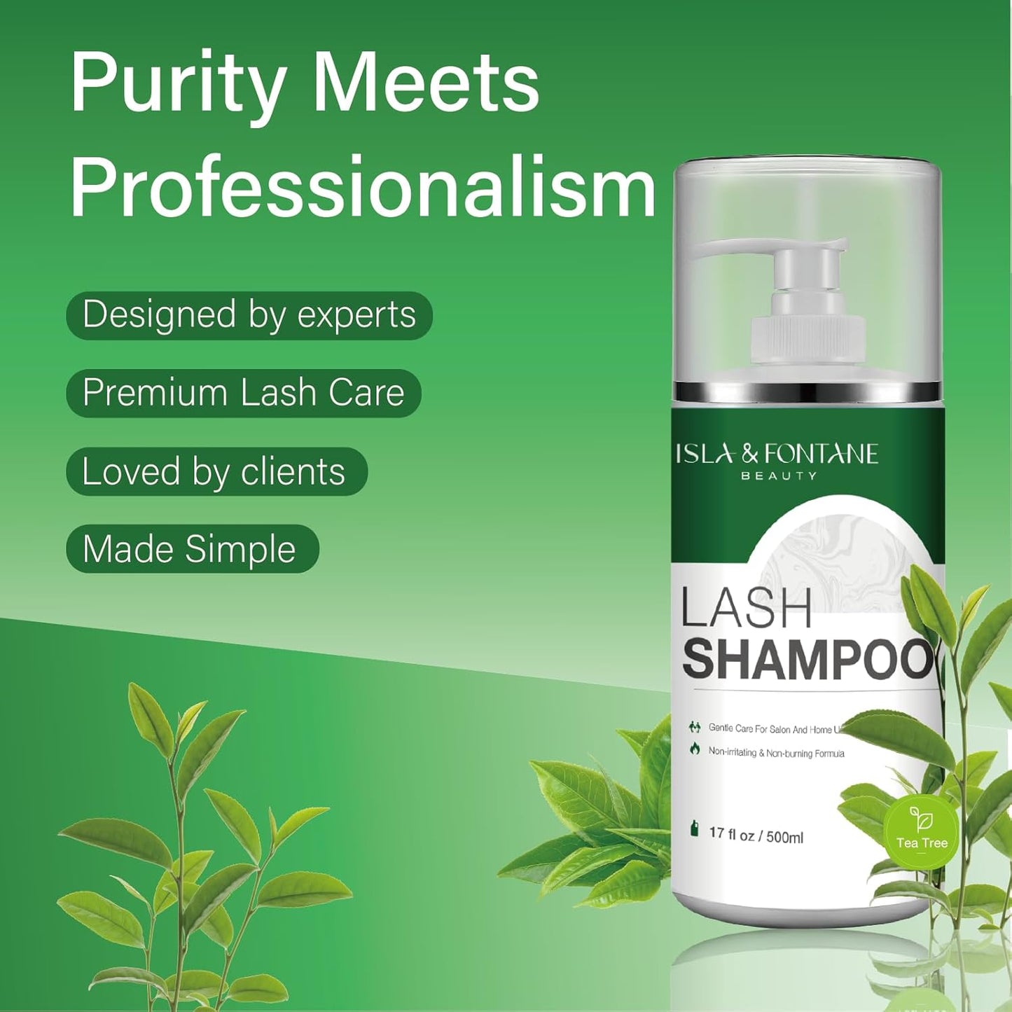 ISLA & FONTANE Lash Shampoo Bulk – Multi-Scent Series – 17 fl oz / 500ml | Gentle Eyelash Cleanser for Lash Extensions | Non-Irritating | Professional Lash Bath Foam For Salon And Home Use (Tea Tree)