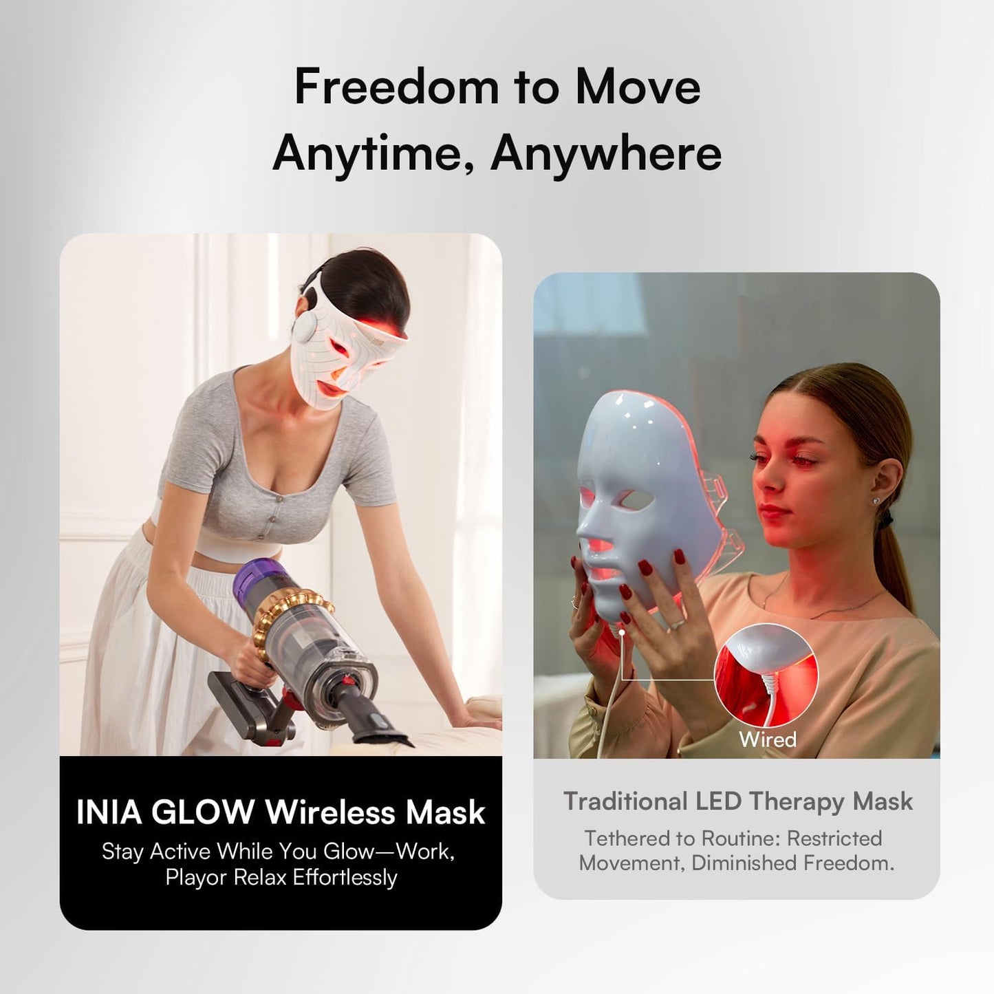 INIA Red Light Therapy Mask for Face, Glow Wireless LED Face Mask Light Therapy with Near-Infrared Red Light (NIR), Rechargeable and Ergonomic Design for Home & Travel