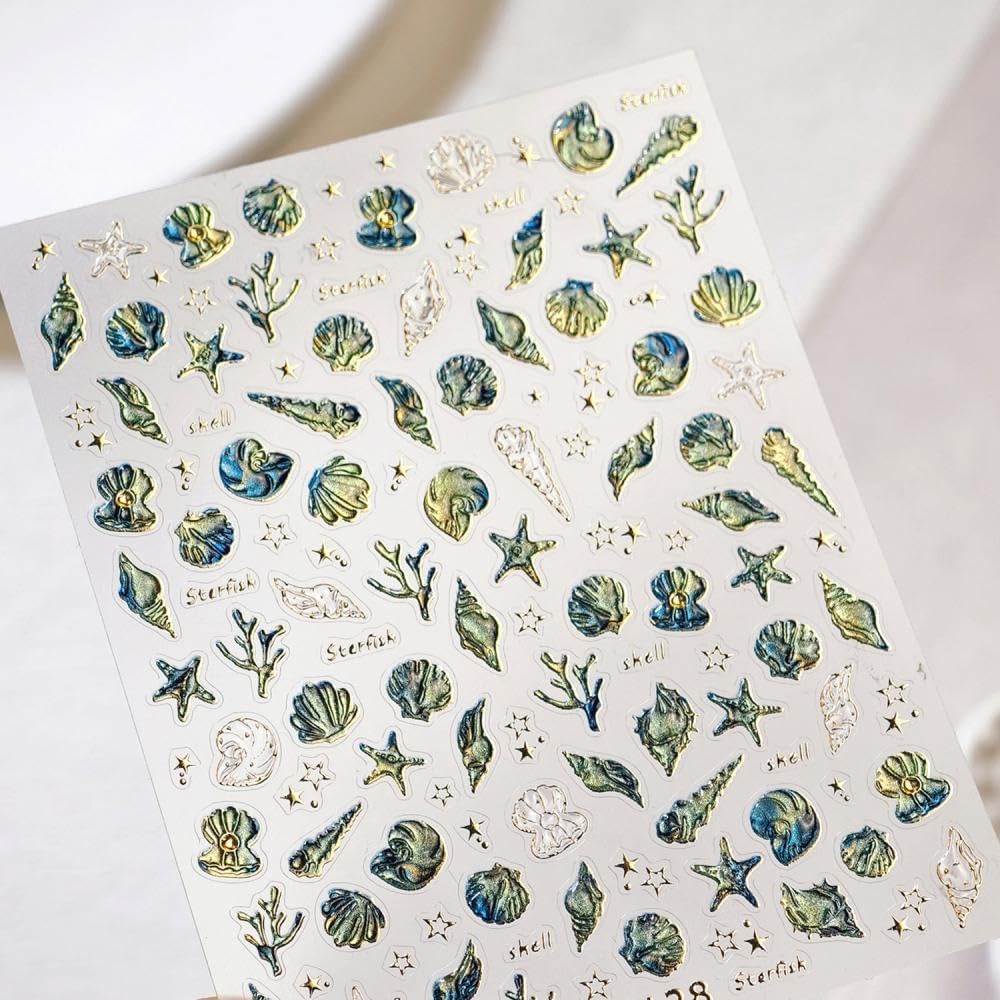 Laser Ocean Nail Stickers Gold Conch Nail Designs Self-Adhesive Silver Shell Nail Decals 5D Embossed Aurora Starfish Summer Sticker Manicure Accessories for Women Girls DIY Acrylic Nails 2 Sheets