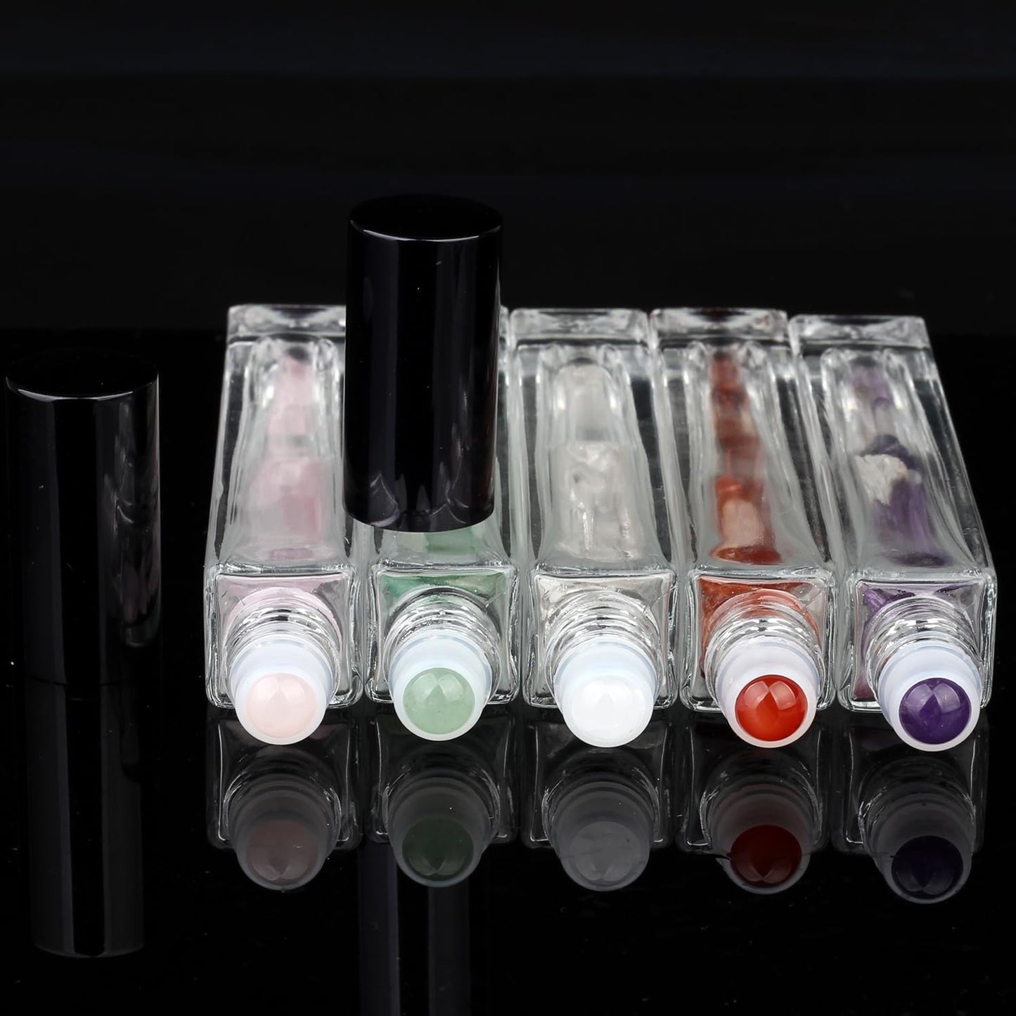 10ml Gemstone Roller Square Bottles Refillable Roll On Bottles Healing Crystal Chips Inside For Perfumes Aromatherapy Oils 5pack…