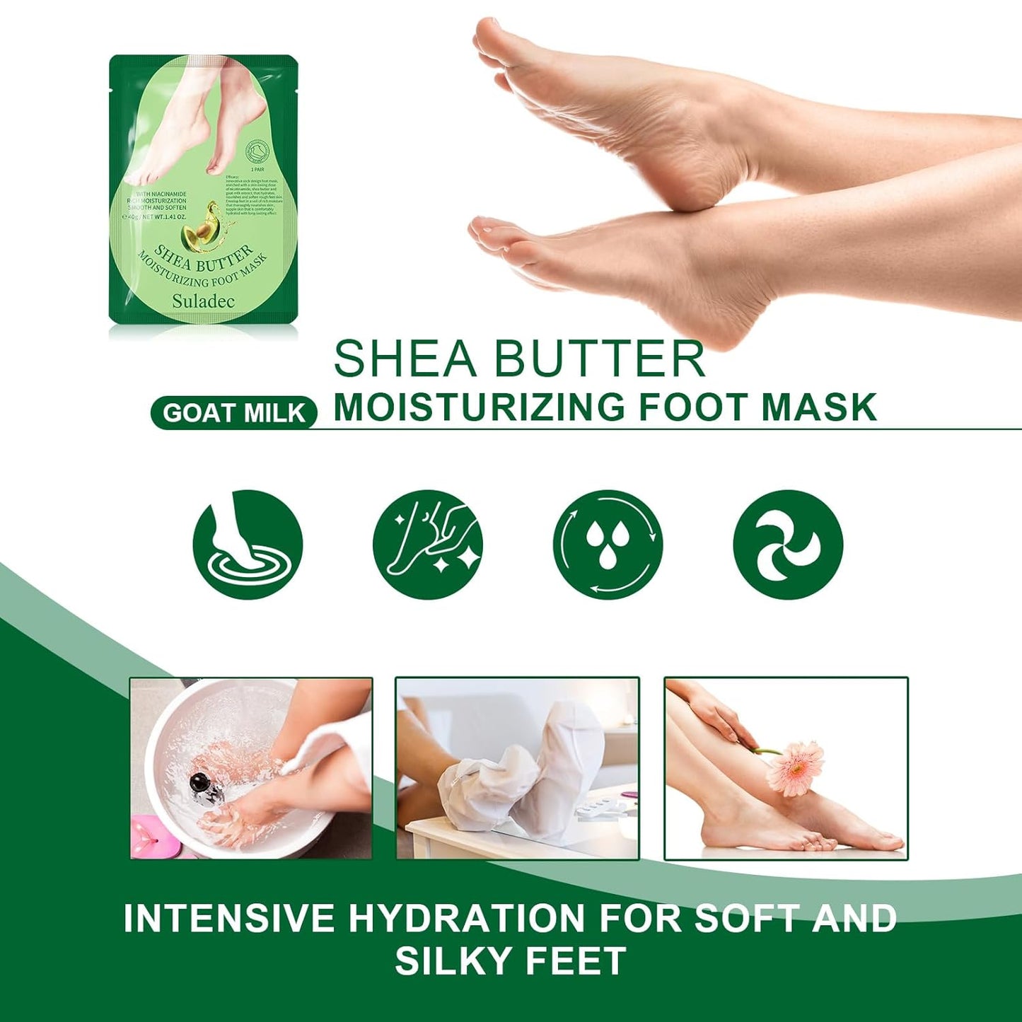 Moisturizing Foot Mask with Shea Butter and Goat Milk, Hydrating Foot Masks for Dry Cracked Feet, Dry Skin Moisturizer for Soft and Smooth Touch Feet - Men Women - 5 Pairs