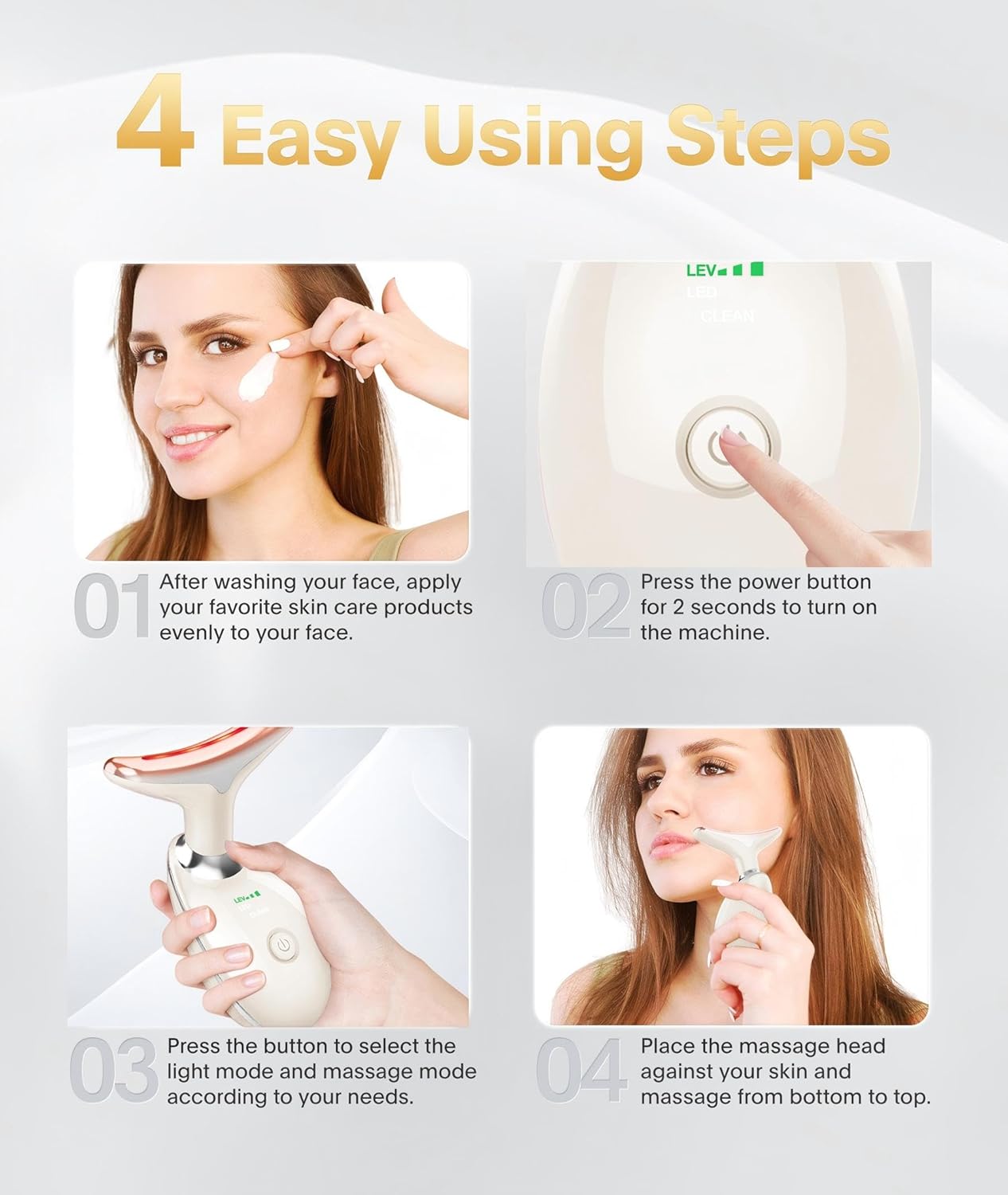 Red Light Therapy for Face and Neck, 7 Color Beauty Face Massager Tool, Vibrating Facial Massager with Thermals for Wrinkles, Double Chin, Glossy White