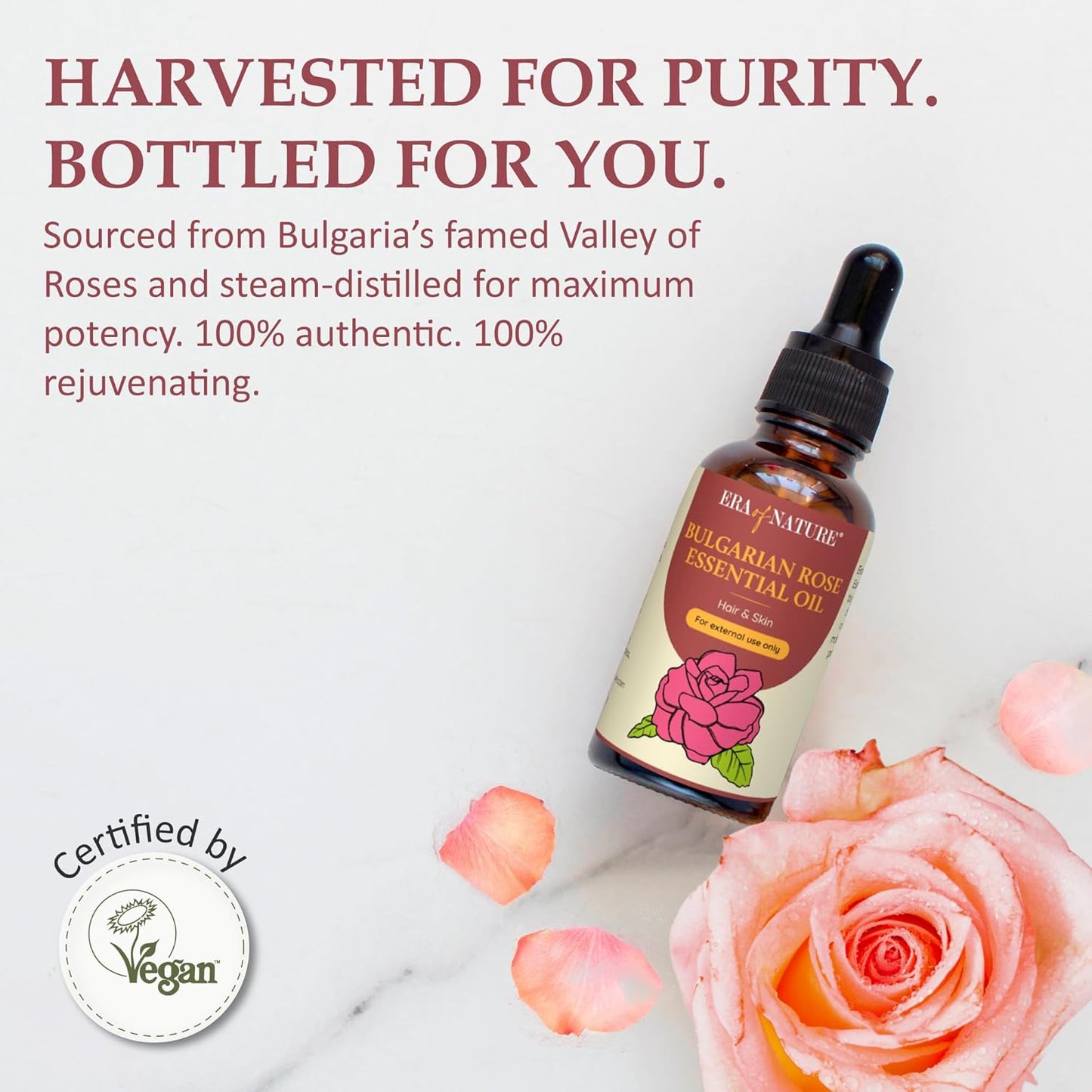 Era of Nature Bulgarian Rose Essential Oil - 100% Pure Rose Oil for Skincare, Hair, Diffusers & DIY Projects. Rich, Skin Care Body, Face and Stretch Marks Removal Cleanser, Perfume Oil - 1oz