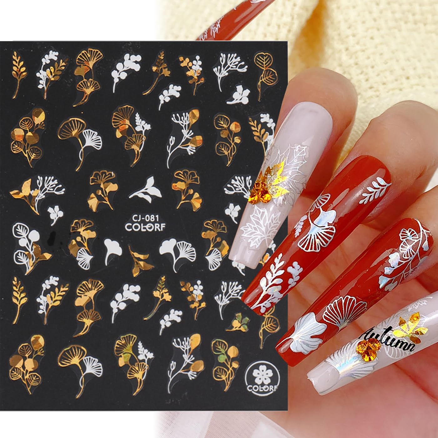 Laser Golden Fall Maple Leaves Nail Art Stickers, Maple Leaves Nail Decals 3D Self-Adhesive with Fan Blade Butterfly Squirrel Flower Design 6Pcs Nail Art Supplies for Women Nail Decoration