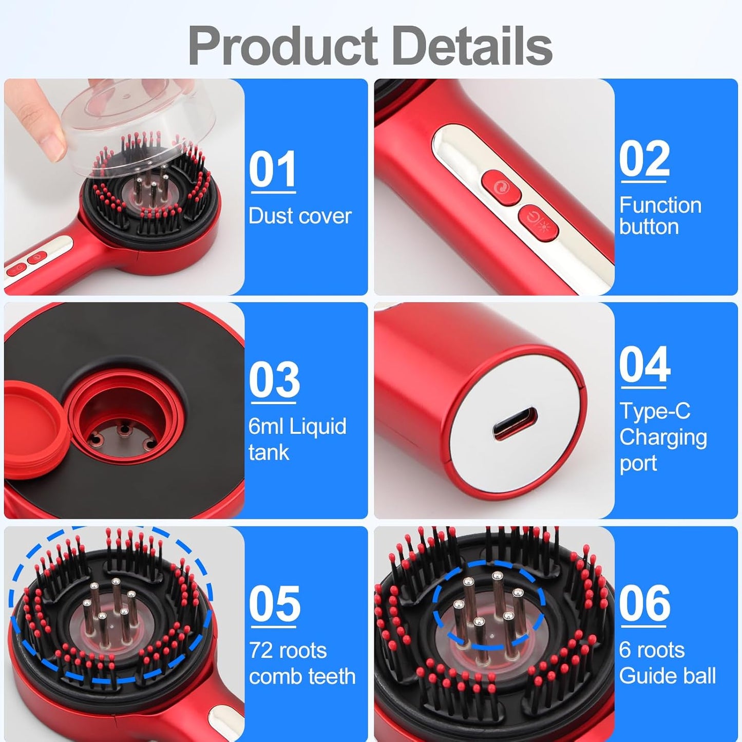 Scalp Massager with Hair Oil Applicator Hair Brush Electric Scalp Massager Hair Comb Red and Blue Light Electric Massage Comb at home for Men Women Multifunctional Massage Comb