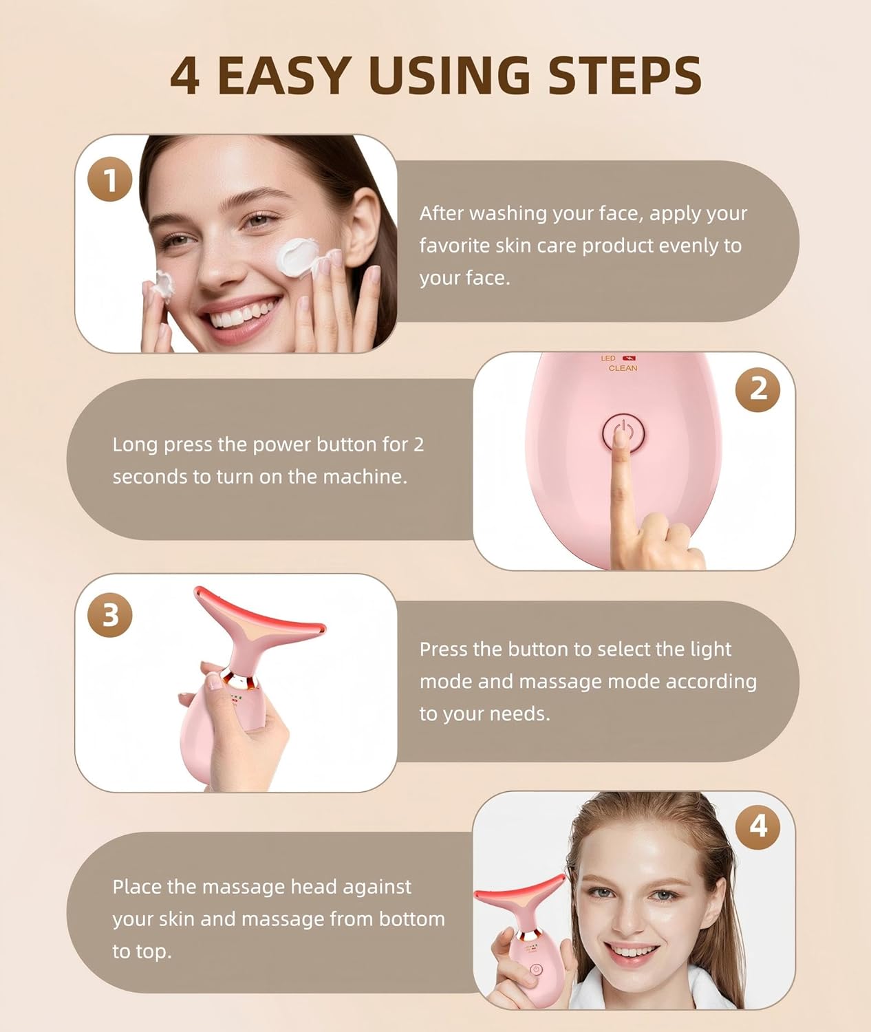 7 Color Face and Neck Massager Light Therapy, Red Light Based Facial Massager for Skin Care, Firming, Smoothing (Rose Golden)