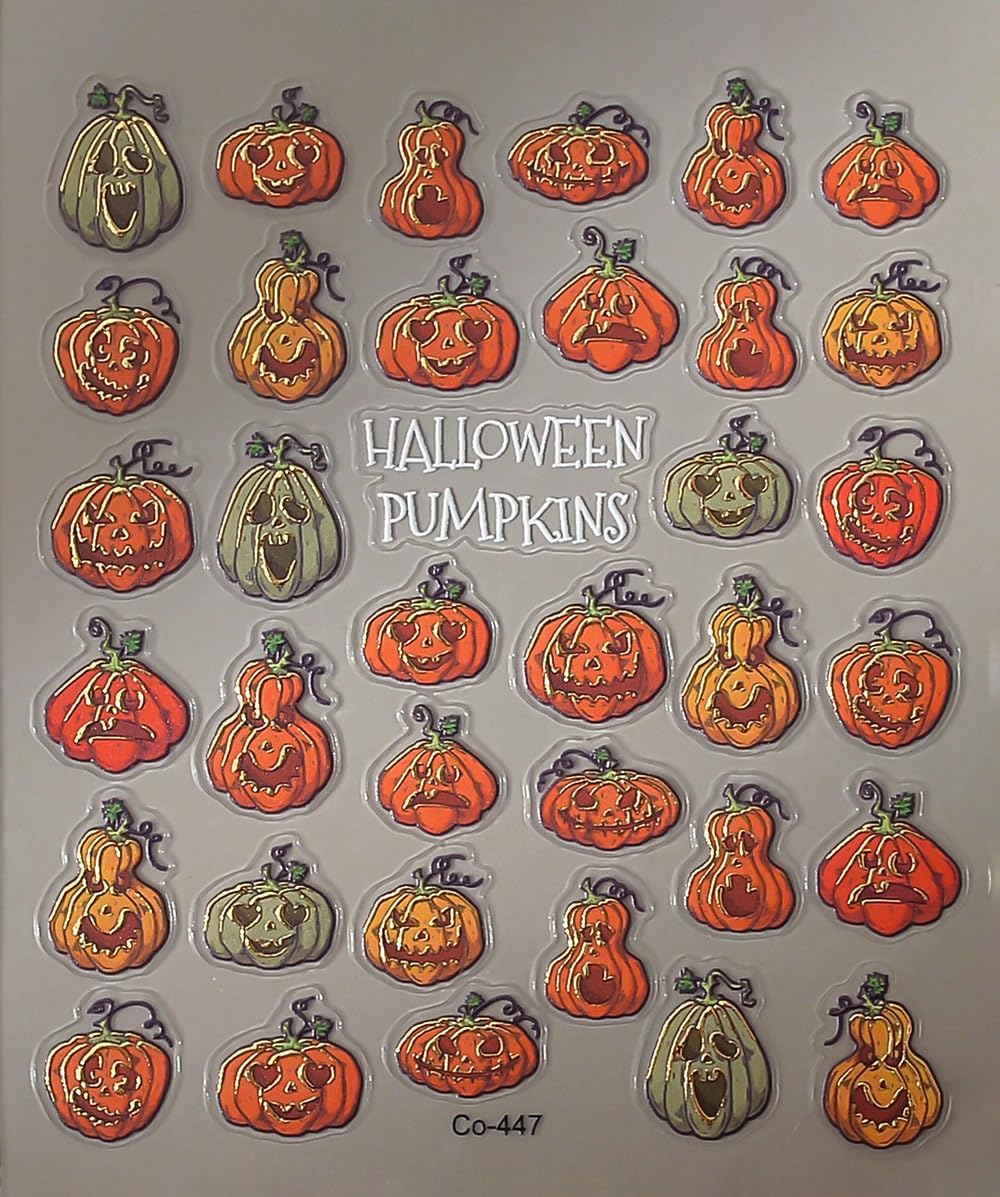 Halloween Nails Stickers Orange Pumpkins Nails Sticker 3D Embossed Horrible Pumpkins Self Adhesive Sticker Nail Decals Green Yellow Nail Art Decal Halloween Decals for Nail DIY Manicure 1Sheet