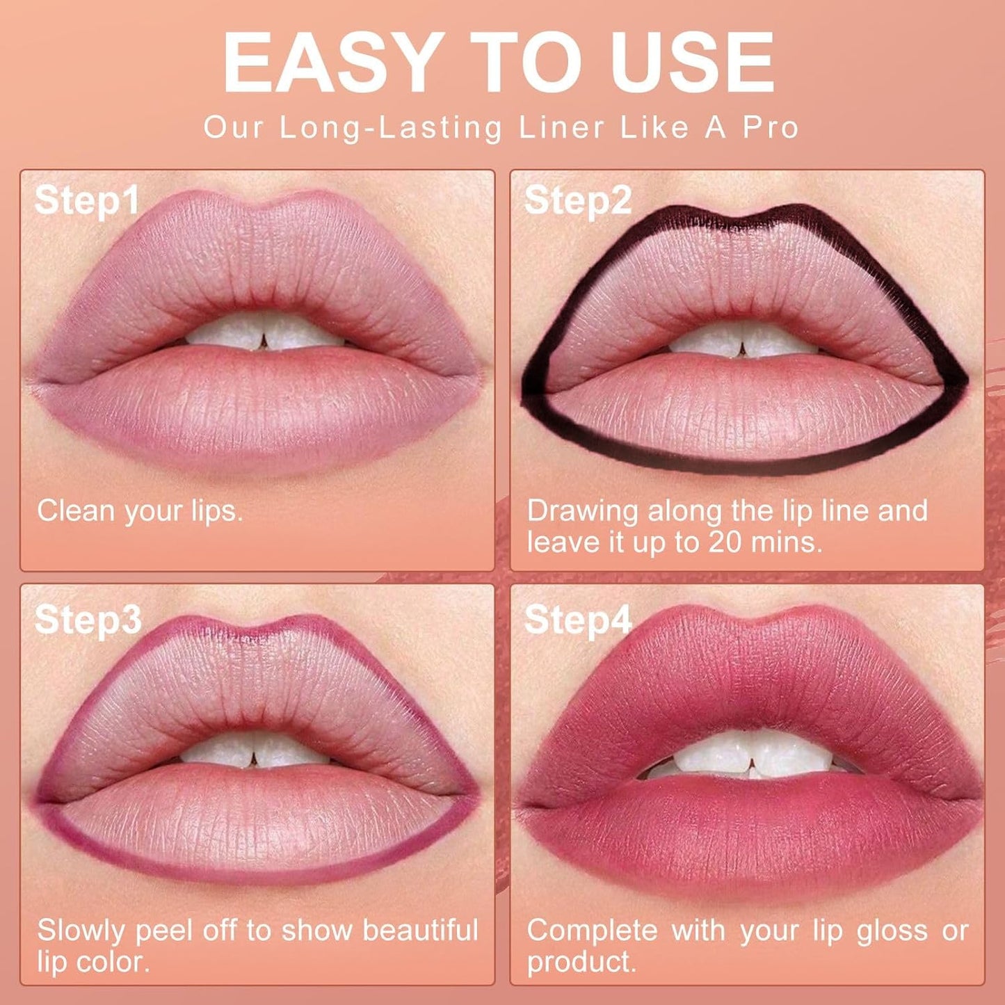 Lip Stain Peel Off, Lip Liner Moisturizing Long-Lasting & Waterproof, Transfer Proof & Plumping, Non-Stick Cup, Rose Color