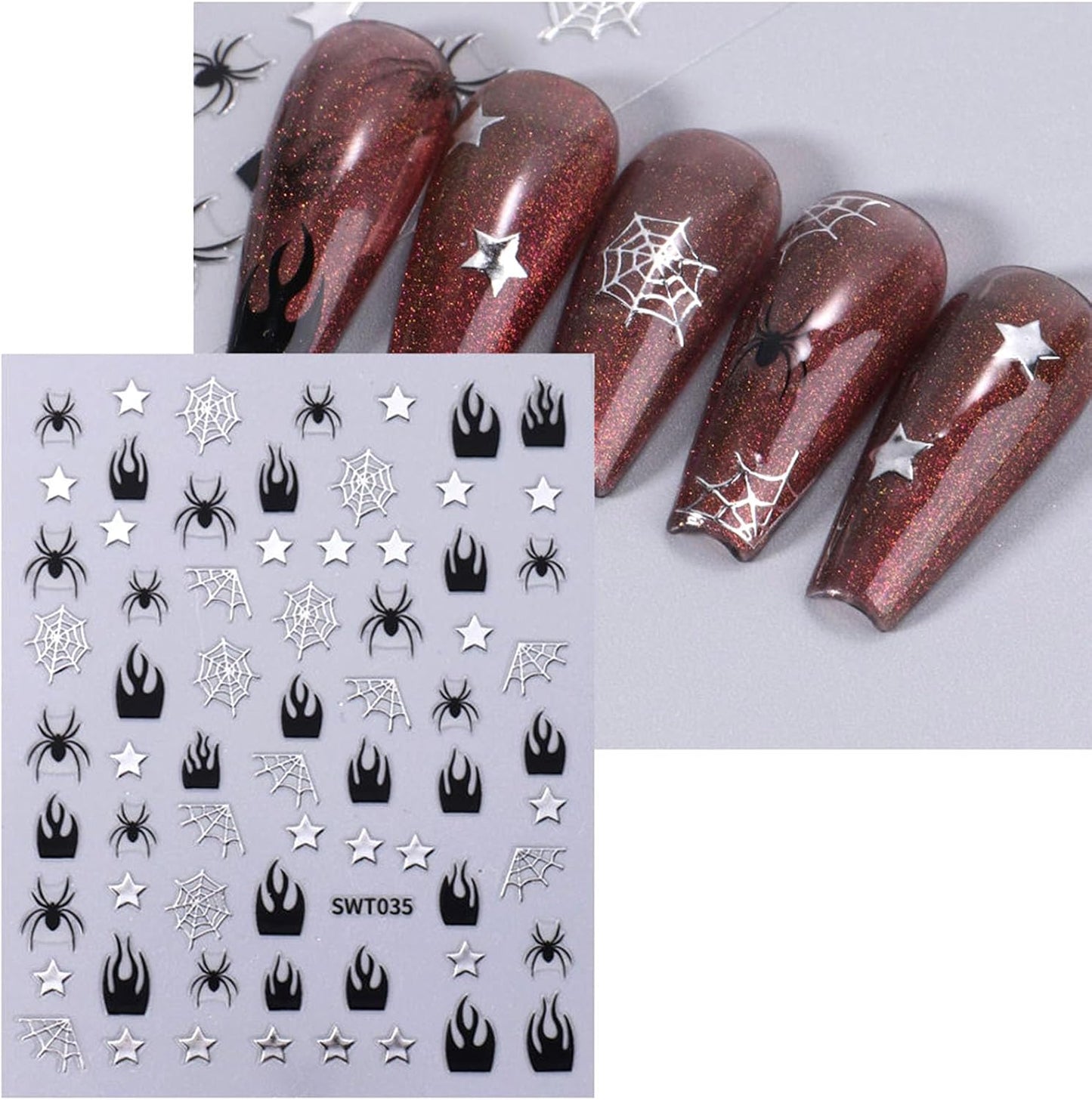 6 Sheets Halloween Nail Stickers Gold Silver Nail Decals for Nail Art Glitter Spider Nail Decals Spider Web Rose Stars Love Heart Design Nail Art Stickers for Women Girls DIY Nail Decorations