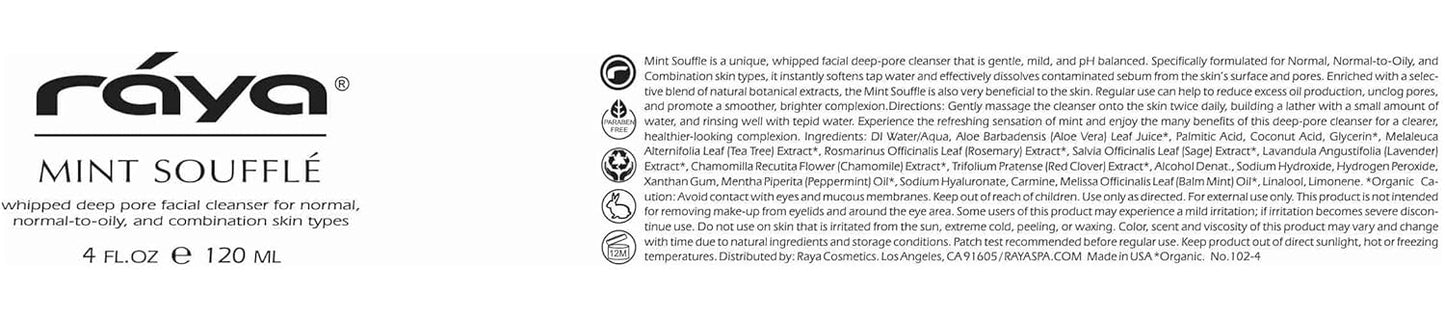 RAYA Mint Soufflé Facial Cleanser 4 oz (102) | pH Balanced Face Wash for Oily and Combination Skin| Helps Clear Clogged Pores and Smooth Complexion