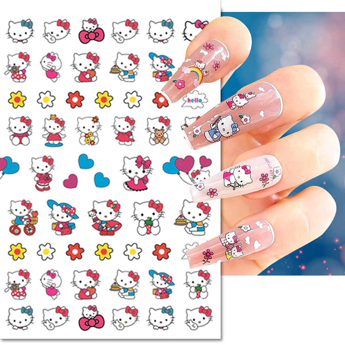 Cute Nail Art Stickers- 8 Sheets Kawaii Cartoon Nail Stickers 3D Self Adhesive Cute Cat Design Acrylic Nail Charms Designer Nail Decals for Women Girls DIY Manicure Decoration Supplies