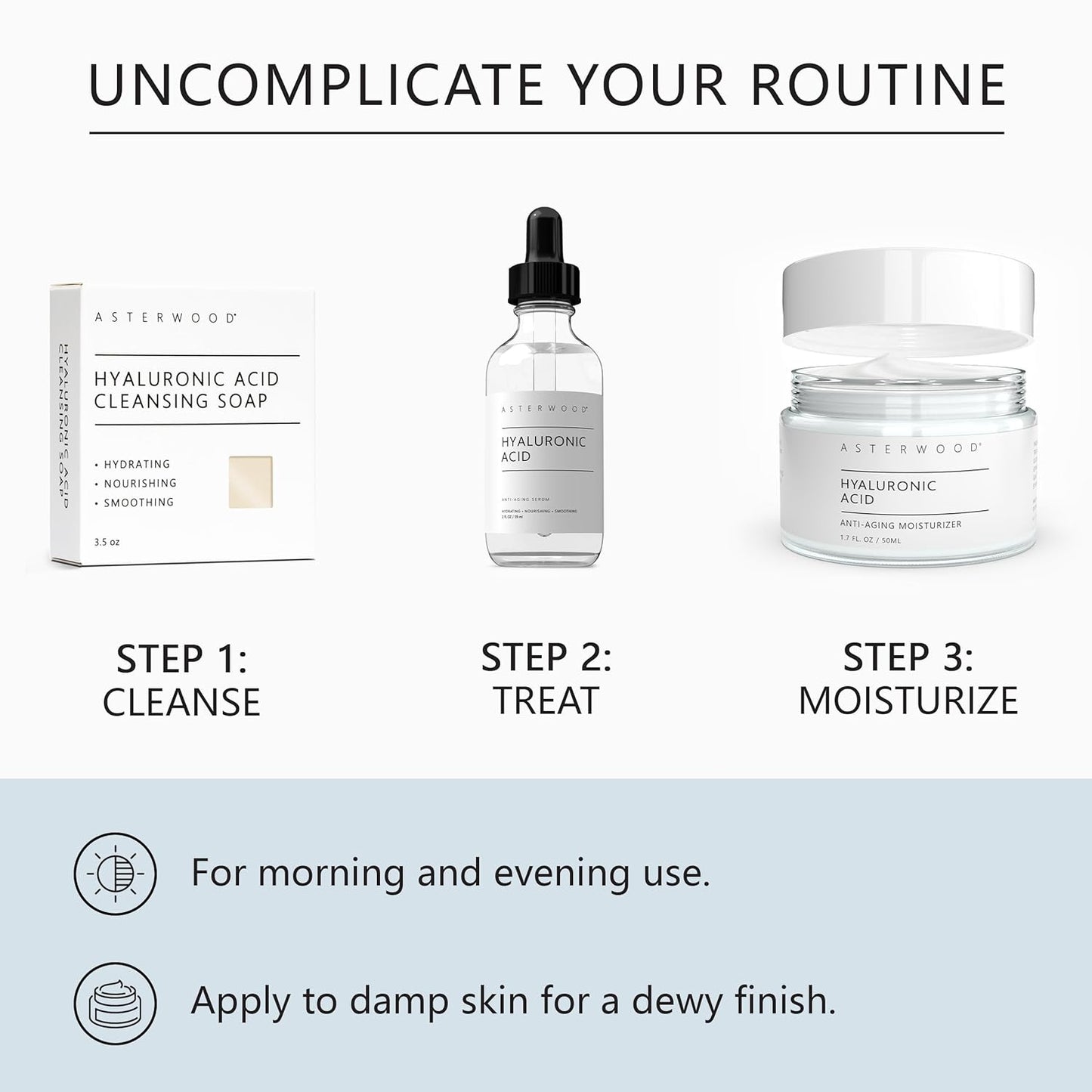 Asterwood Hyaluronic Acid Moisturizer - Anti-Aging, Wrinkle Reducing, Moisturizing, Hydrating - Fragrance-Free, Non-Comedogenic - 1.7 Fl Oz