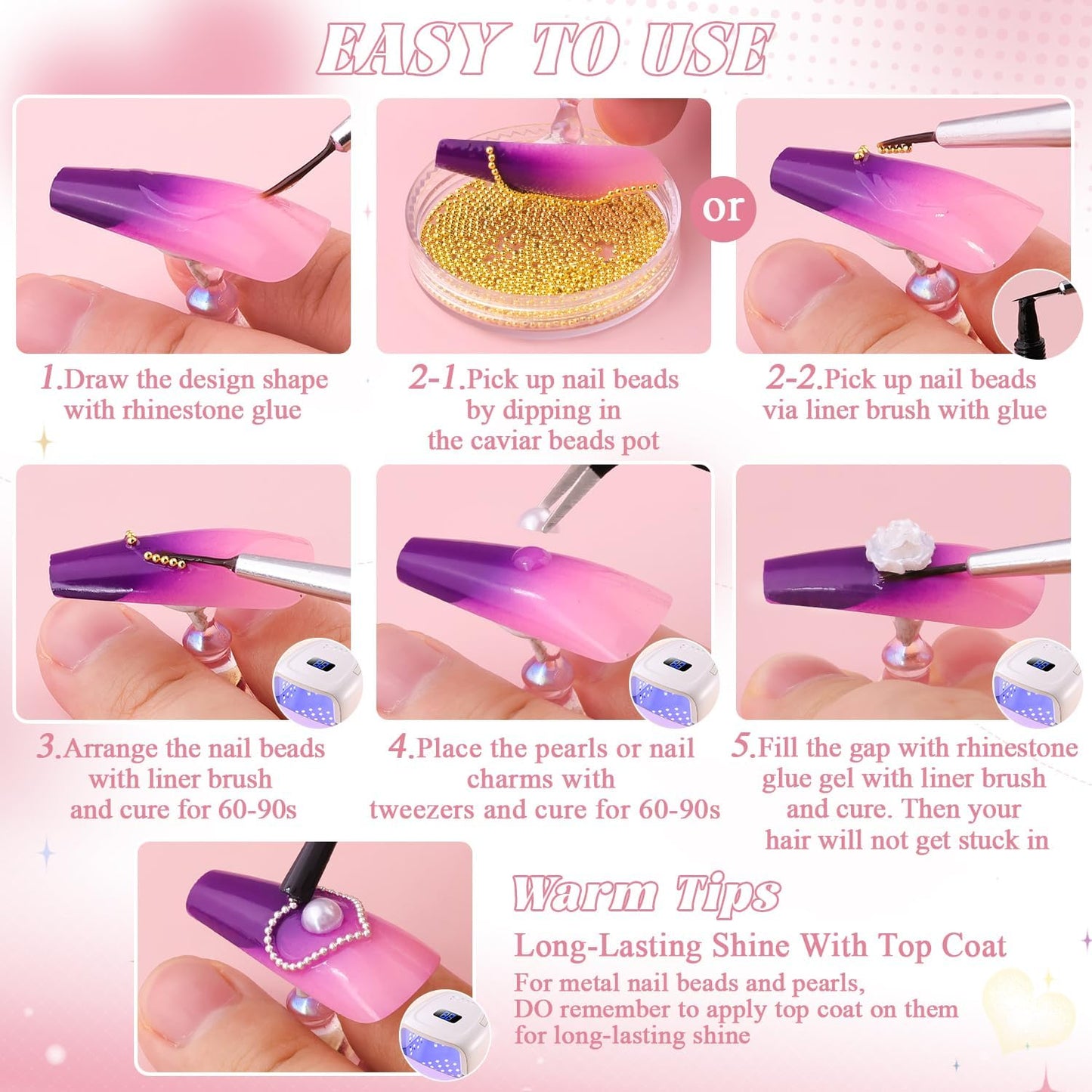 Flatback Pearls (White) and Metal Nail Beads and Glass Rhinestones with Rhinestones Glue Gel for Nail Art, Pearl Nail Charms and Round Caviar Beads Multi Shapes Crystals Gems for Manicure Decor