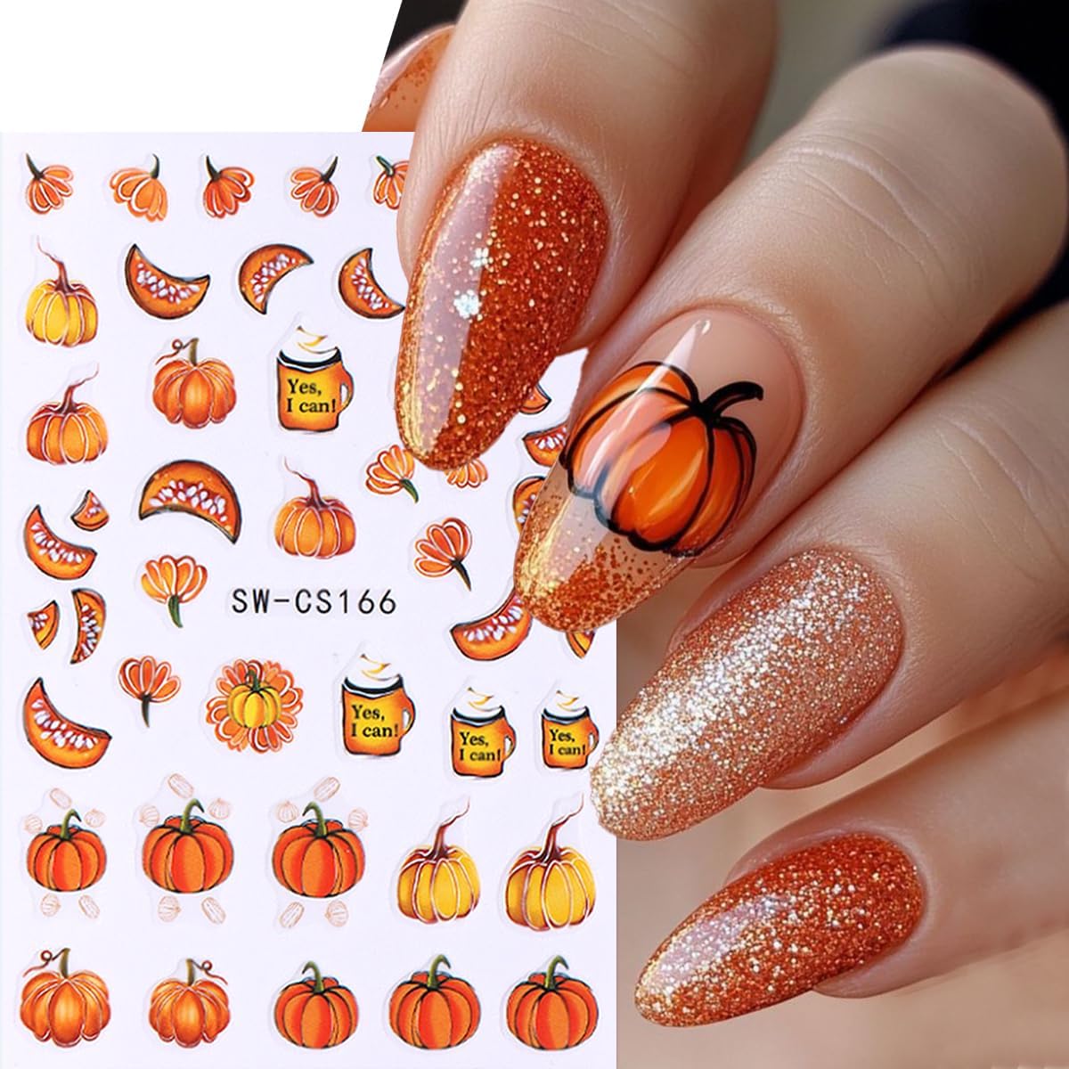 Pumpkin Nail Stickers Fall Nail Decals Maple Nail Art Stickers Glitter Leaves Nut Orange Design Thanksgiving Fall Nail Sticker for Nail Art 3D Self Adhesive for Women DIY Holiday Manicure Supplies