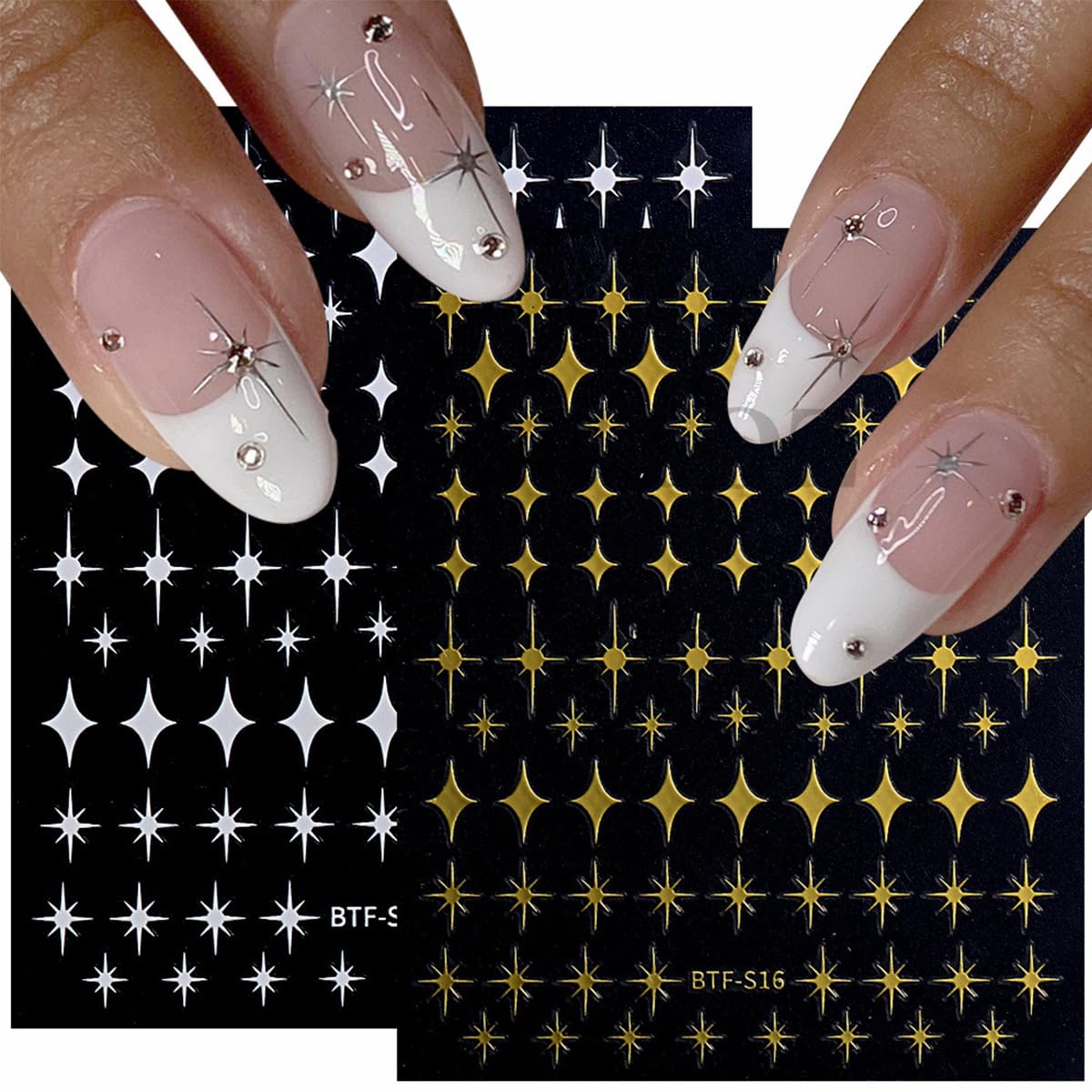 6 Sheets 3D Glitter Shiny Crystal Nail Art Sticker Star Charms Silver Black White Stickers Self-Adhesive Design Luxury Nail Decals for French Manicure