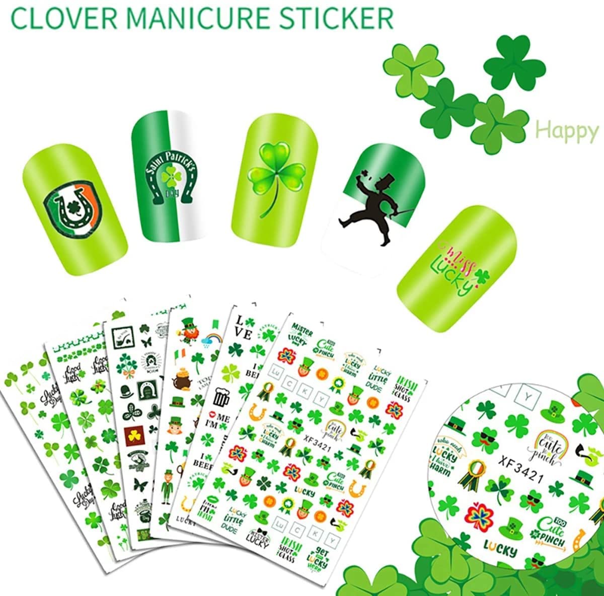 10 Pcs St. Patrick's Day Nail Art Stickers Luck of The Irish Nail Decals Shamrock Nail Stickers Green Spring Foil Decals Clover Nail Art Design Saint Patrick's Day Nail Decoration Supplies for Women