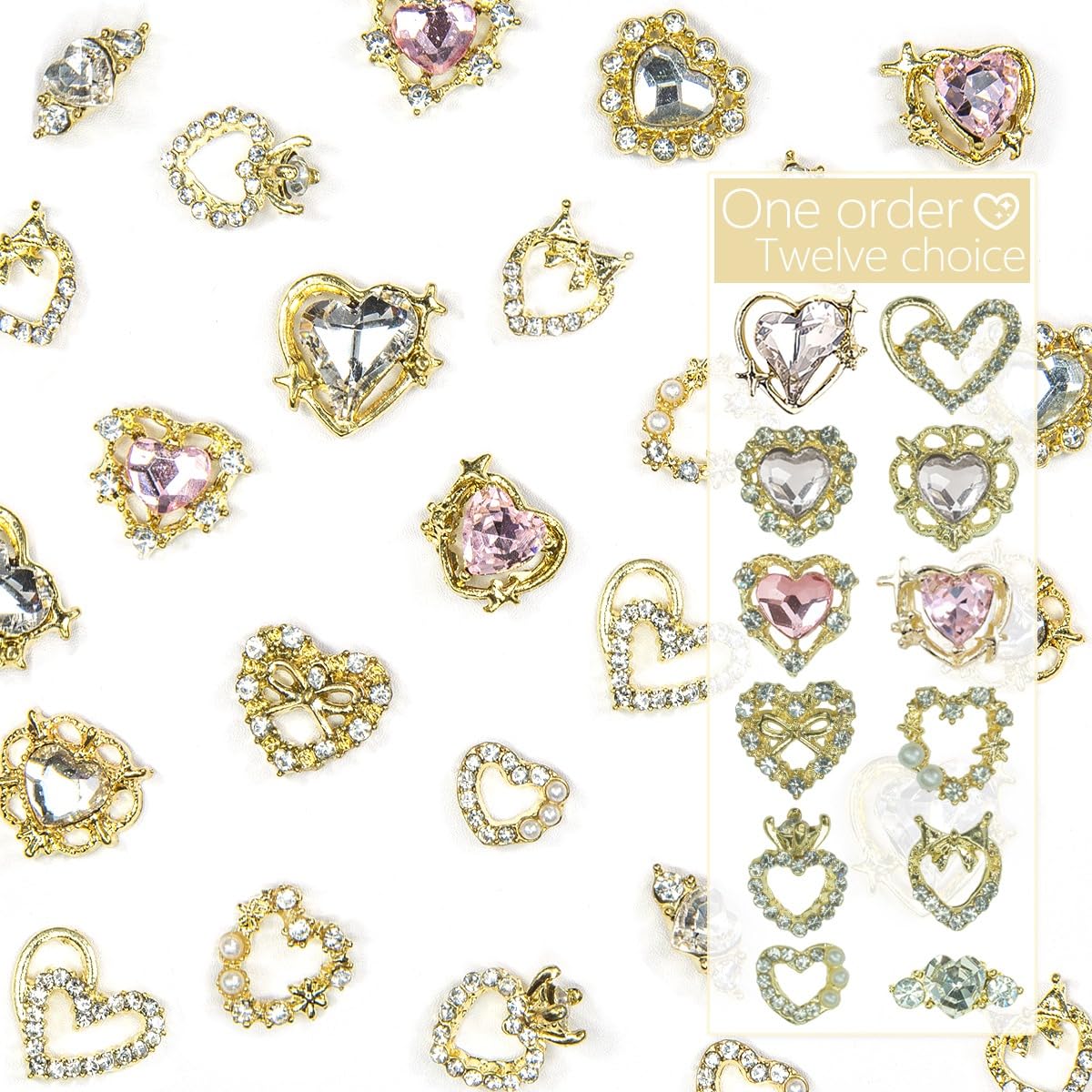 24pcs Heart Nail Charms Luxury Alloy Charms for Nails, qiipii 12 Pair 3D Gold Nail Art Rhinestones Nail Gems Golden Nail Crystal Diamonds Jewelry Stones Studs Nail Supplies Nails Decor Crafts 1 Box