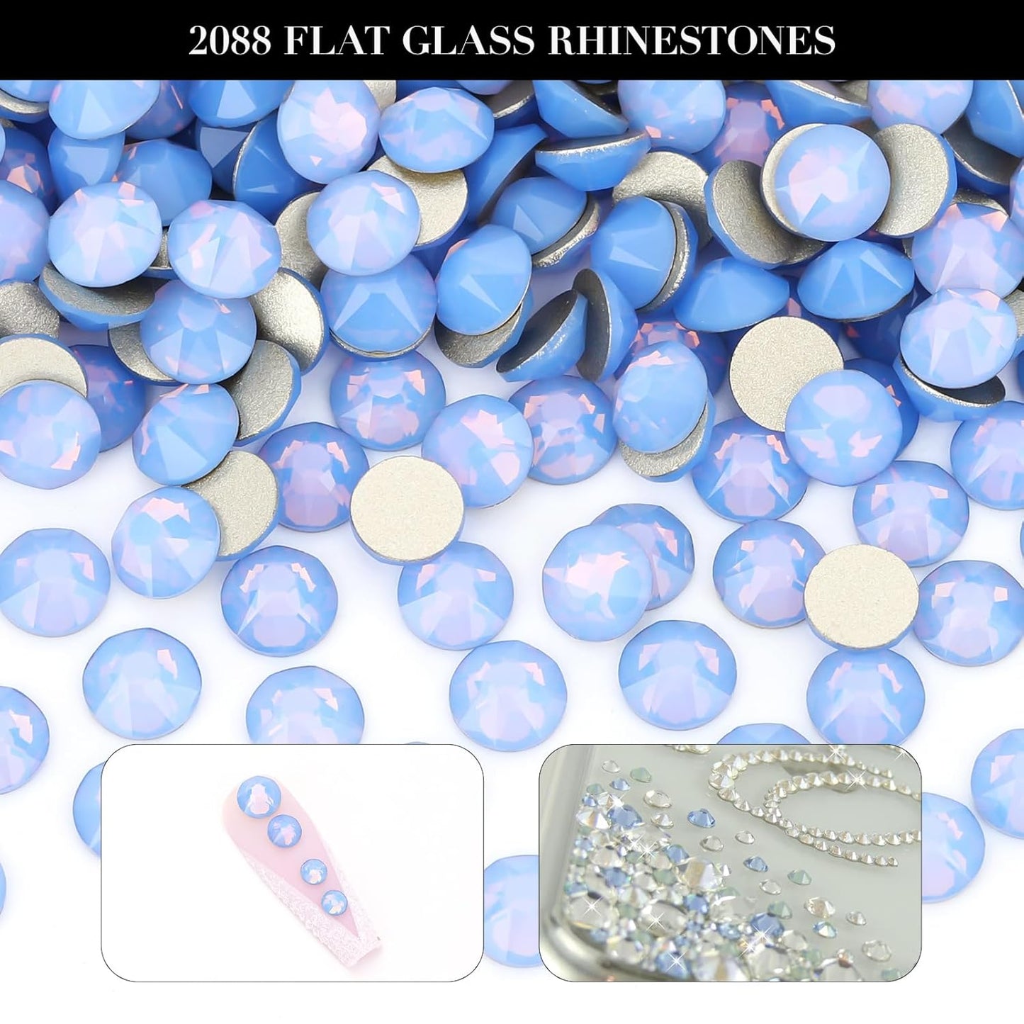 Novani Blue Opal Rhinestones 288pcs Flat Back Round Rhinestone Style 2088 Sparkly Crystal Gemstones for Nail Art and Crafting SS30,6.4-6.6mm