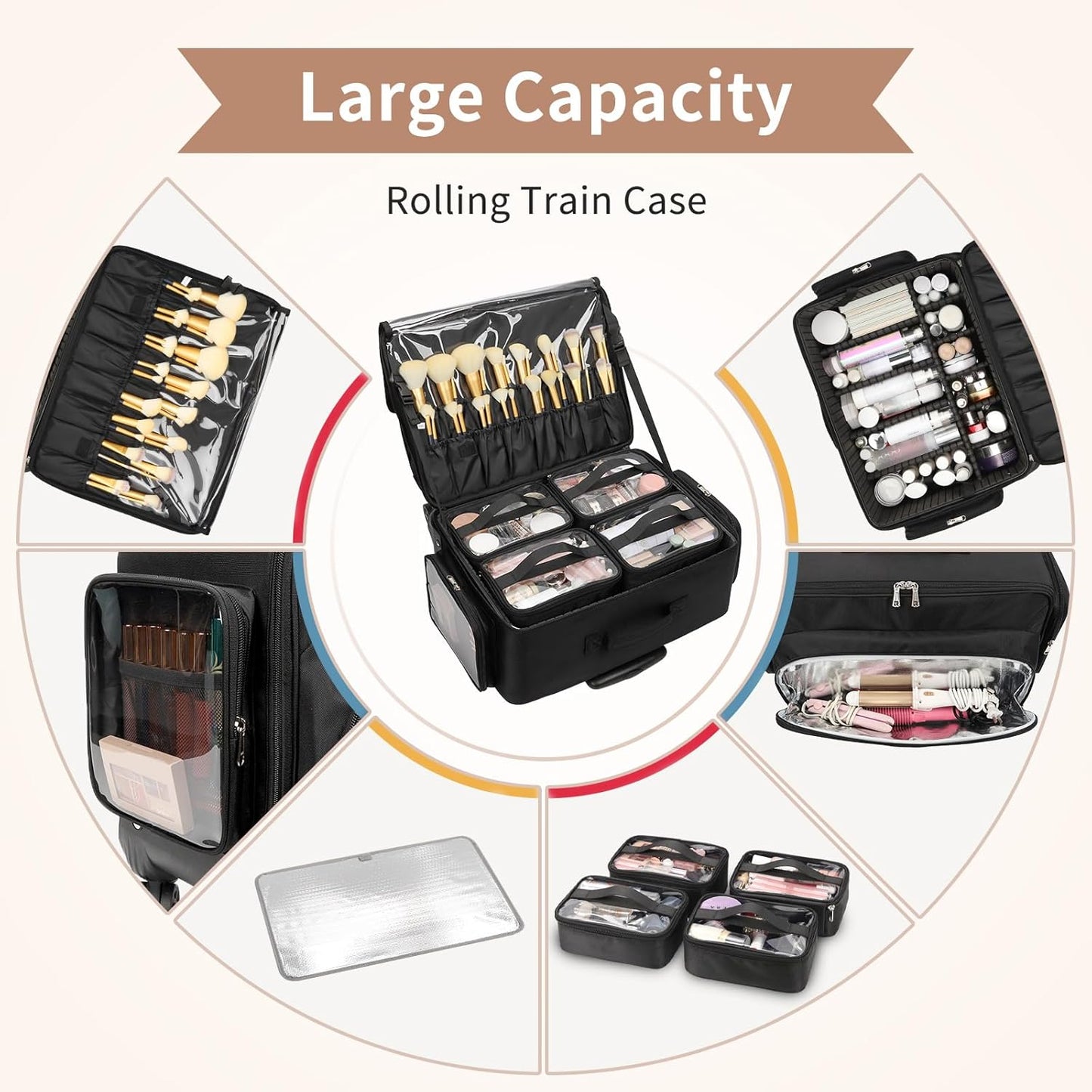 Large Rolling Makeup Case,Professional Makeup Artist Bag with 4 Small Bag Makeup Case, Adjustable Dividers, Portable Travel Supply Station for Cosmetics Storage Organizer Trolley Suitcase Makeup Cart